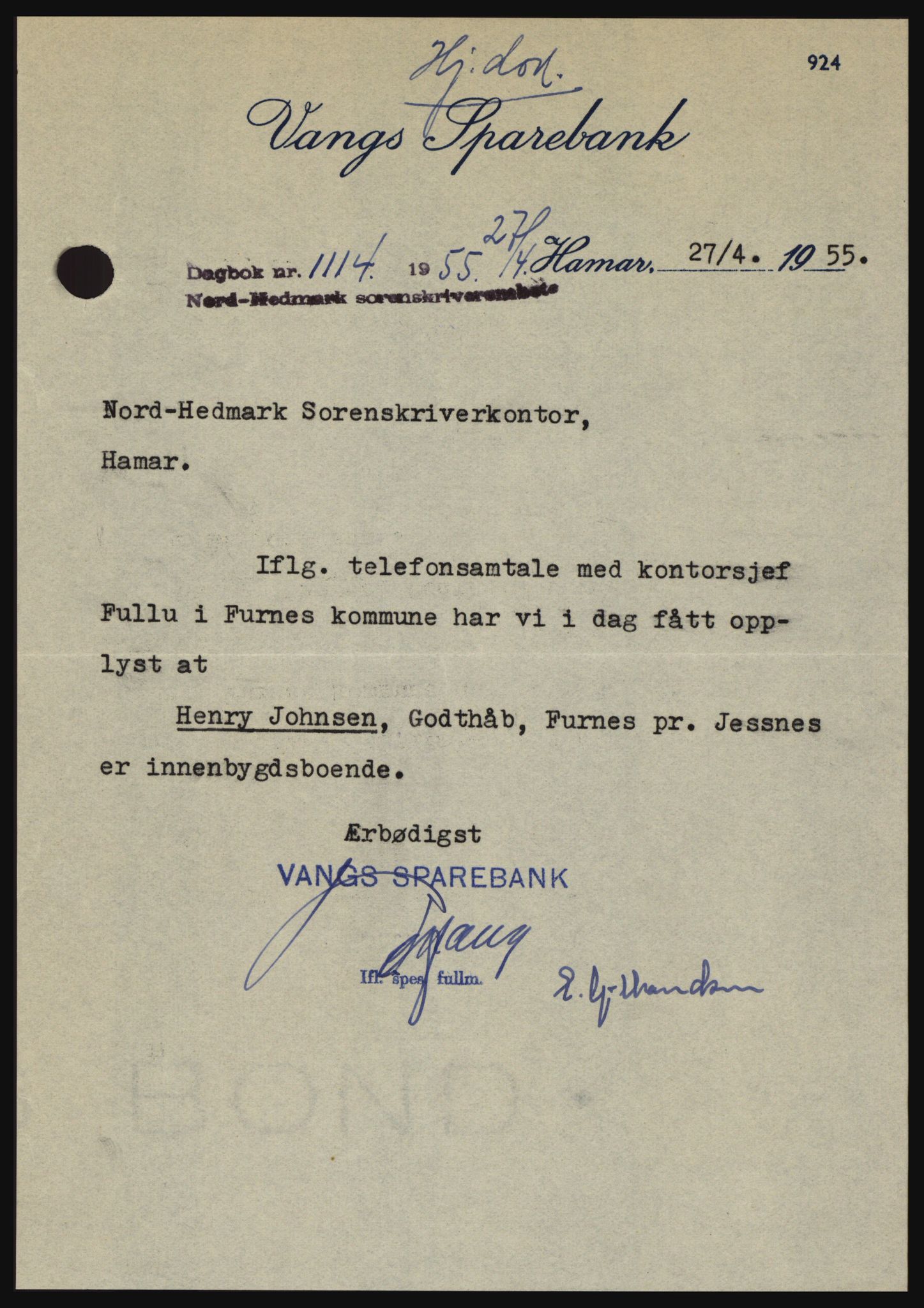 Nord-Hedmark sorenskriveri, SAH/TING-012/H/Hc/L0010: Pantebok nr. 10, 1955-1956, Dagboknr: 1114/1955