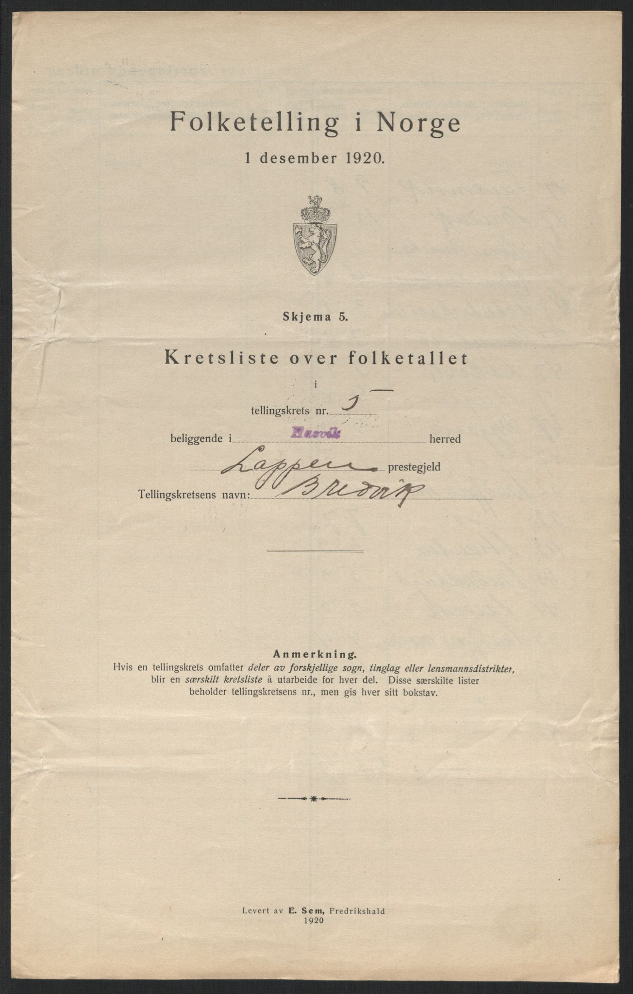 SATØ, Folketelling 1920 for 2015 Hasvik herred, 1920, s. 19
