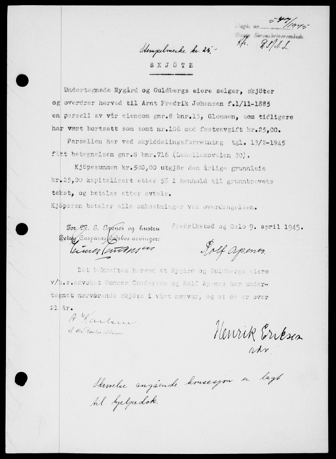 Onsøy sorenskriveri, SAO/A-10474/G/Ga/Gab/L0014: Pantebok nr. II A-14, 1944-1945, Dagboknr: 547/1945