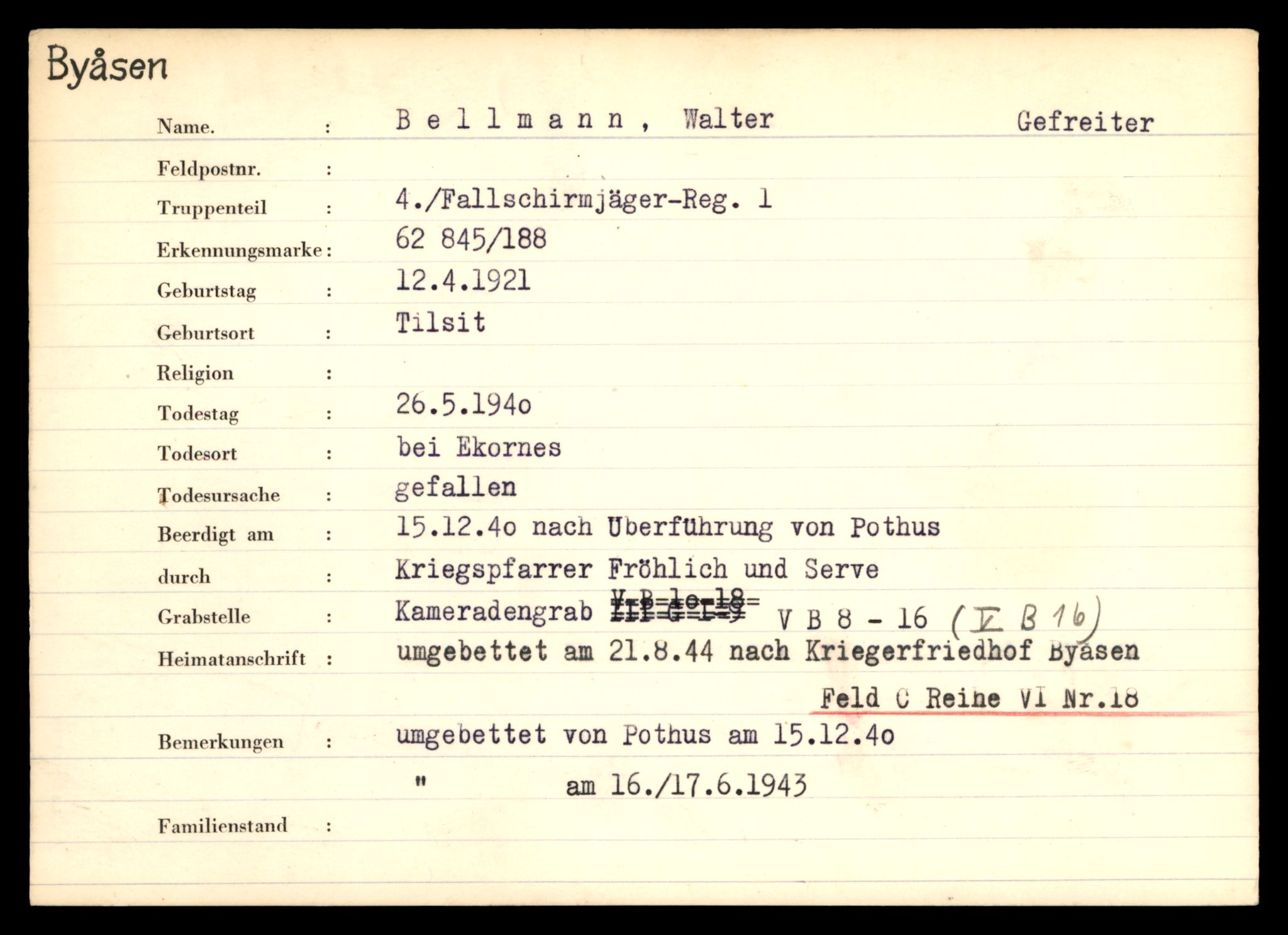 Distriktskontoret for krigsgraver, SAT/A-5030/E/L0004: Kasett/kartotek over tysk Krigskirkegård på Byåsen, 1945, s. 97