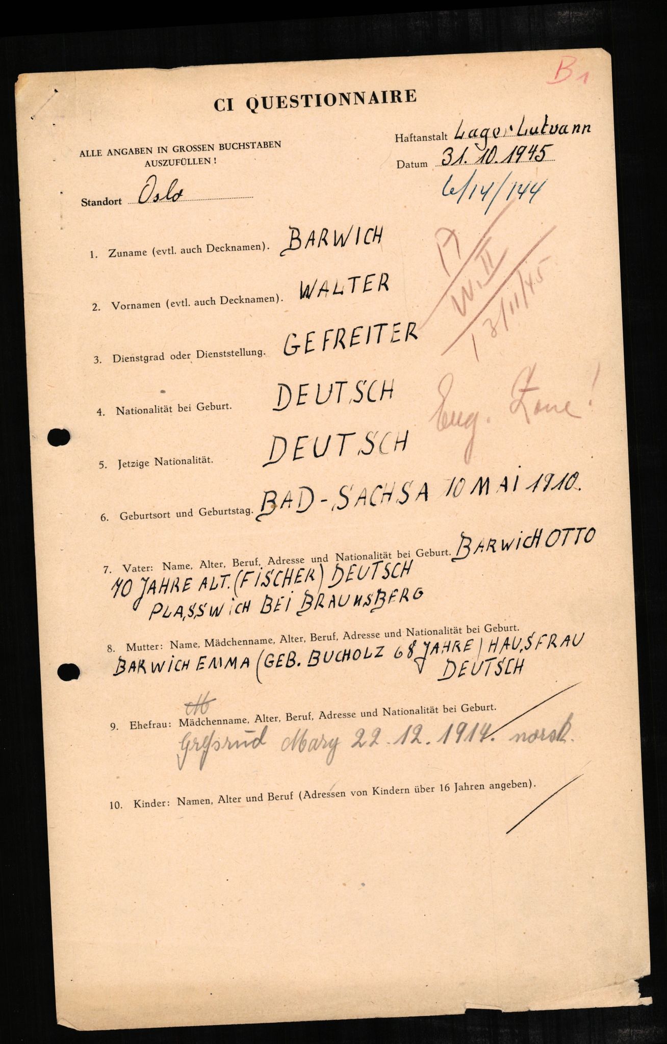 Forsvaret, Forsvarets overkommando II, AV/RA-RAFA-3915/D/Db/L0002: CI Questionaires. Tyske okkupasjonsstyrker i Norge. Tyskere., 1945-1946, s. 194