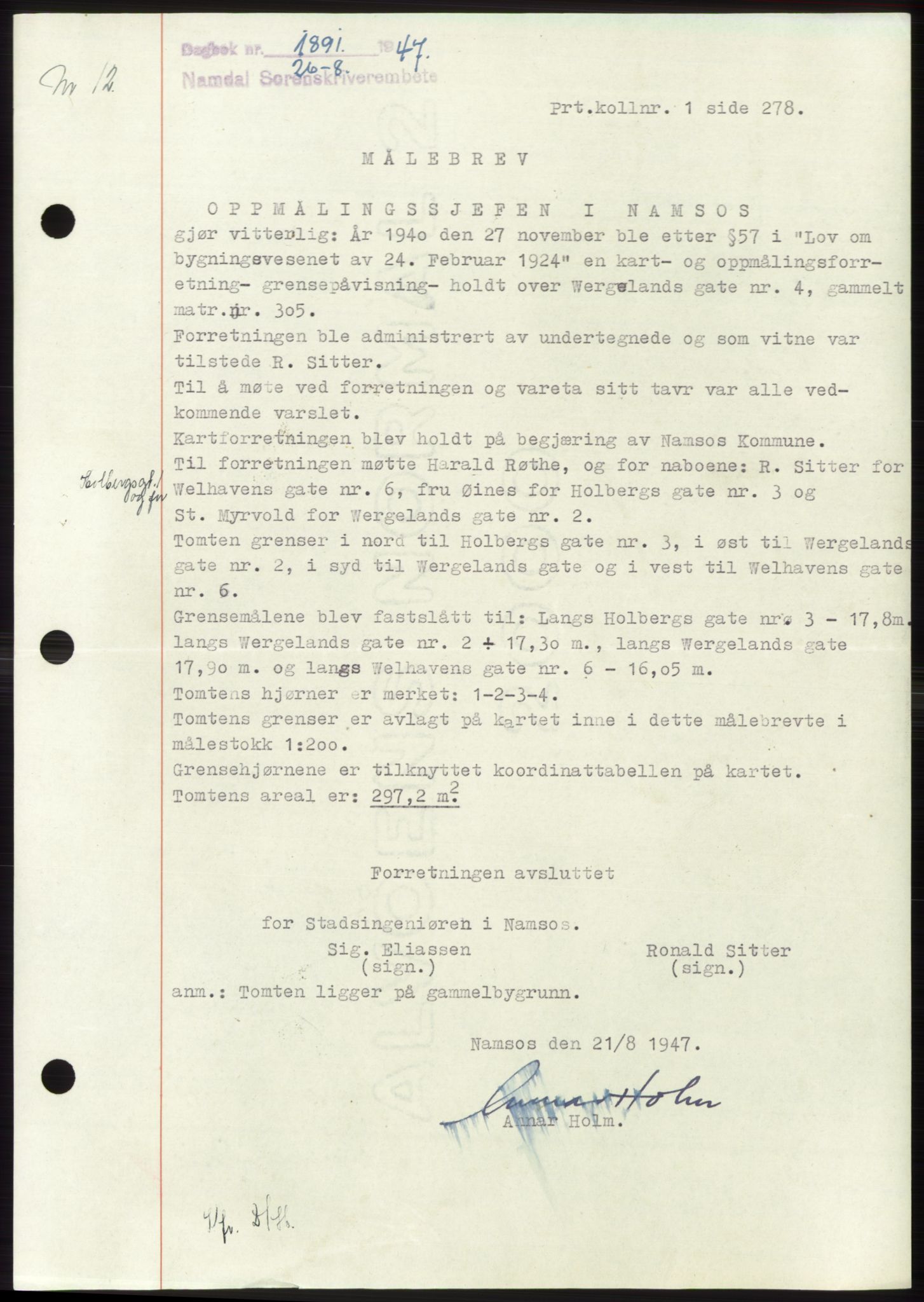 Namdal sorenskriveri, SAT/A-4133/1/2/2C: Pantebok nr. -, 1947-1947, Dagboknr: 1891/1947
