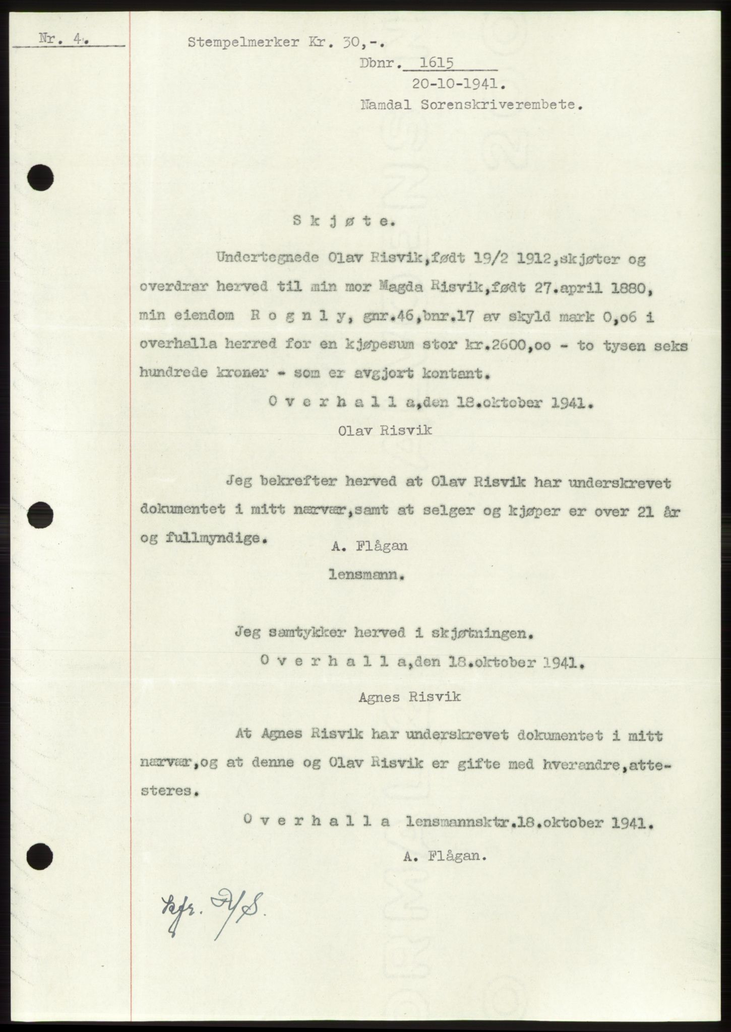 Namdal sorenskriveri, SAT/A-4133/1/2/2C: Pantebok nr. -, 1941-1942, Dagboknr: 1615/1941