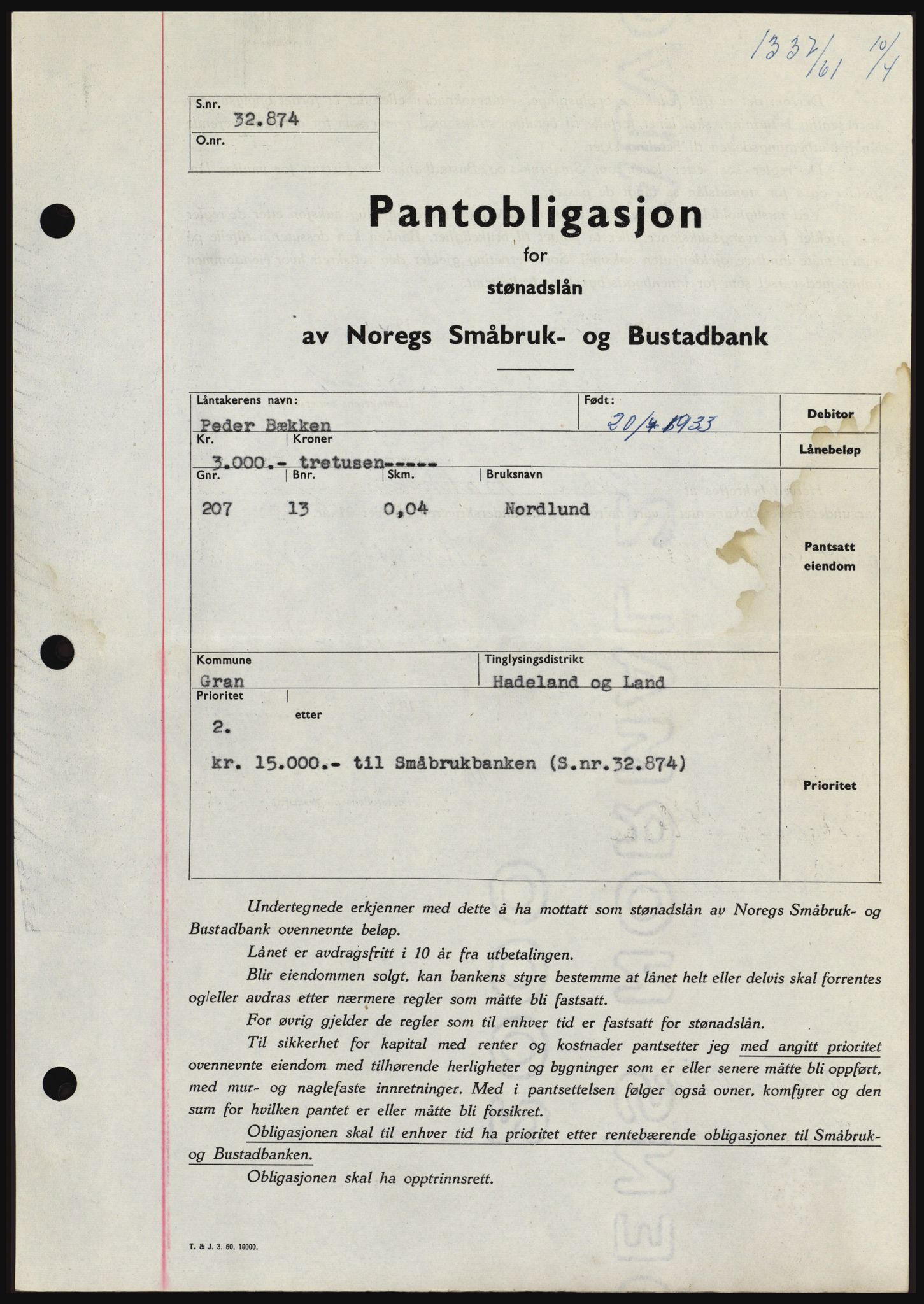 Hadeland og Land tingrett, SAH/TING-010/H/Hb/Hbc/L0045: Pantebok nr. B45, 1961-1961, Dagboknr: 1337/1961