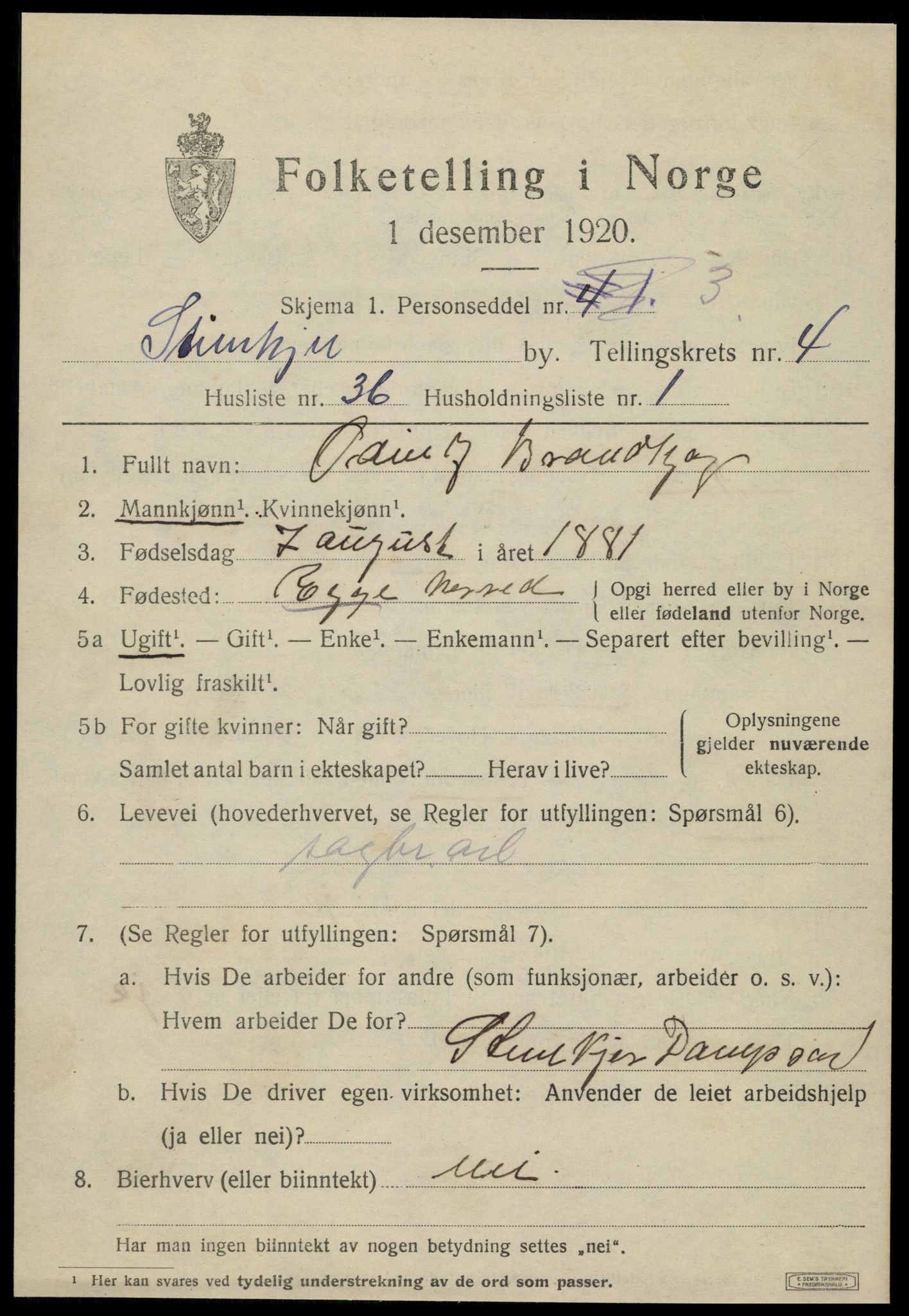 SAT, Folketelling 1920 for 1702 Steinkjer ladested, 1920, s. 7578