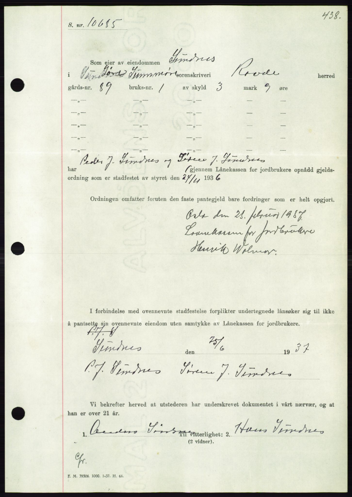 Søre Sunnmøre sorenskriveri, AV/SAT-A-4122/1/2/2C/L0063: Pantebok nr. 57, 1937-1937, Dagboknr: 1135/1937