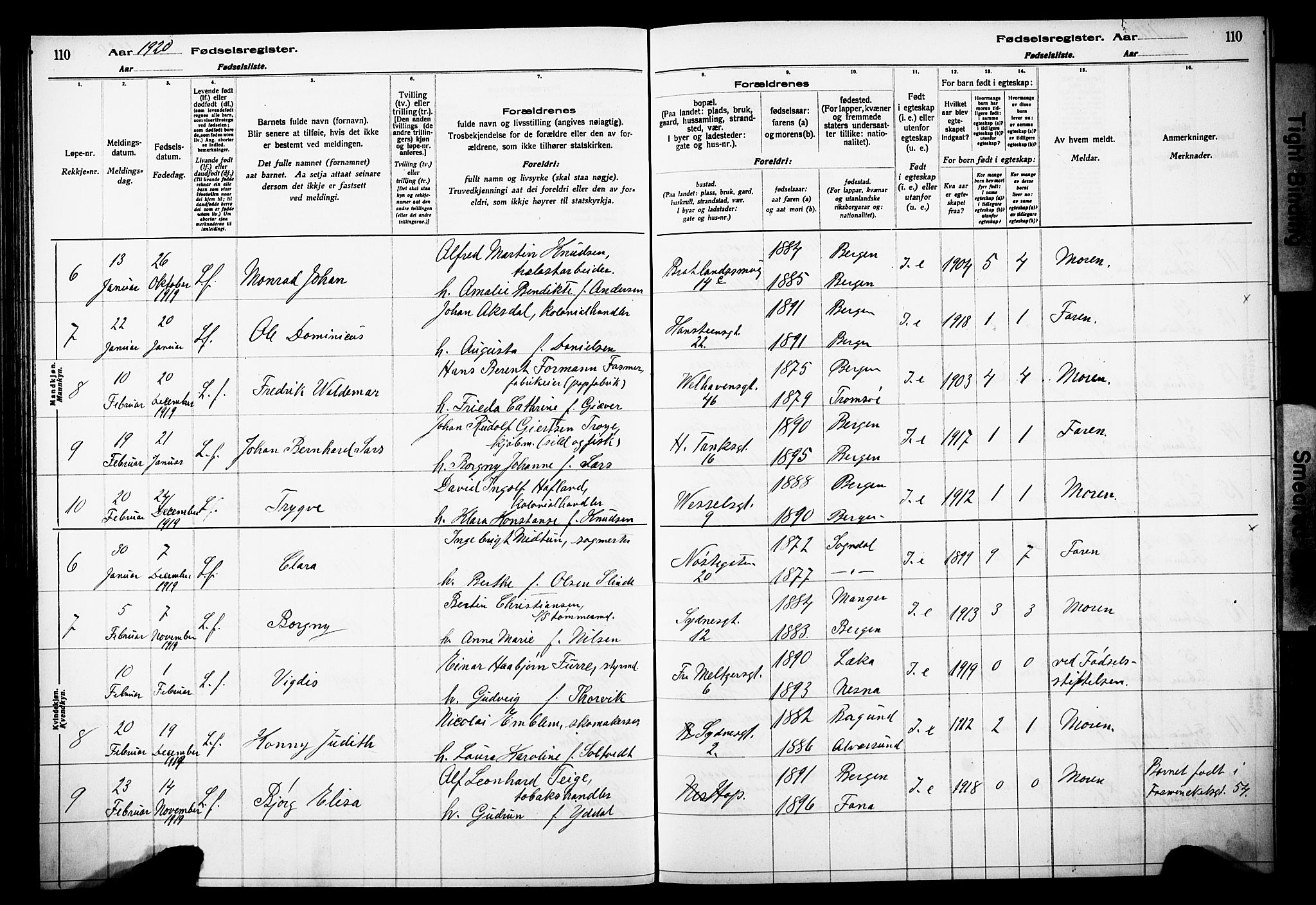 Johanneskirken sokneprestembete, SAB/A-76001/I/Id/L00A1: Fødselsregister nr. A 1, 1916-1924, s. 110