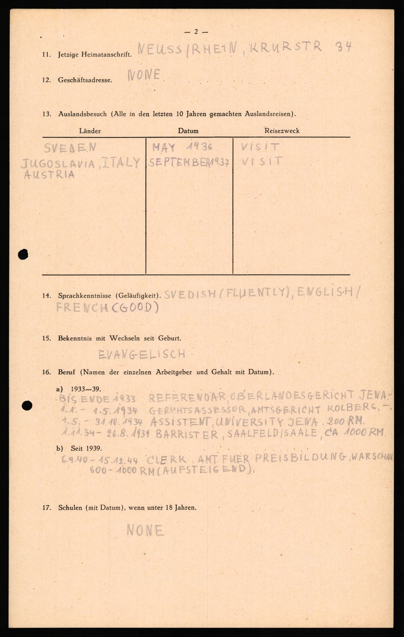 Forsvaret, Forsvarets overkommando II, RA/RAFA-3915/D/Db/L0027: CI Questionaires. Tyske okkupasjonsstyrker i Norge. Tyskere., 1945-1946, s. 506