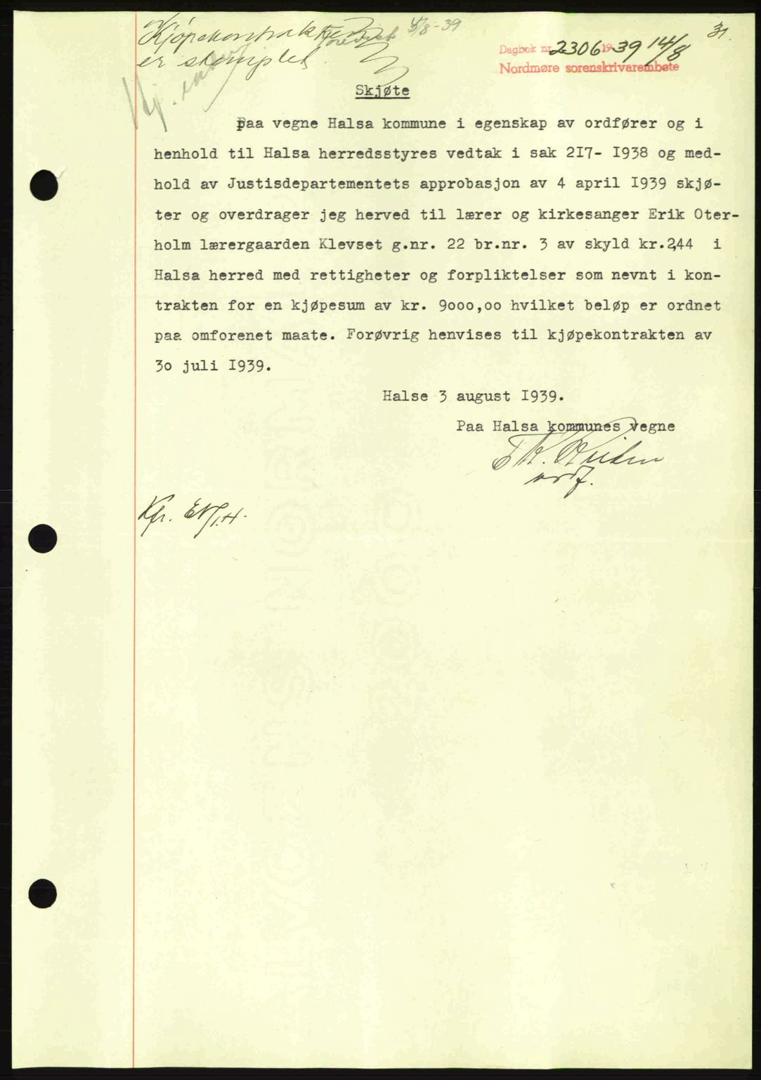 Nordmøre sorenskriveri, SAT/A-4132/1/2/2Ca: Pantebok nr. A87, 1939-1940, Dagboknr: 2306/1939