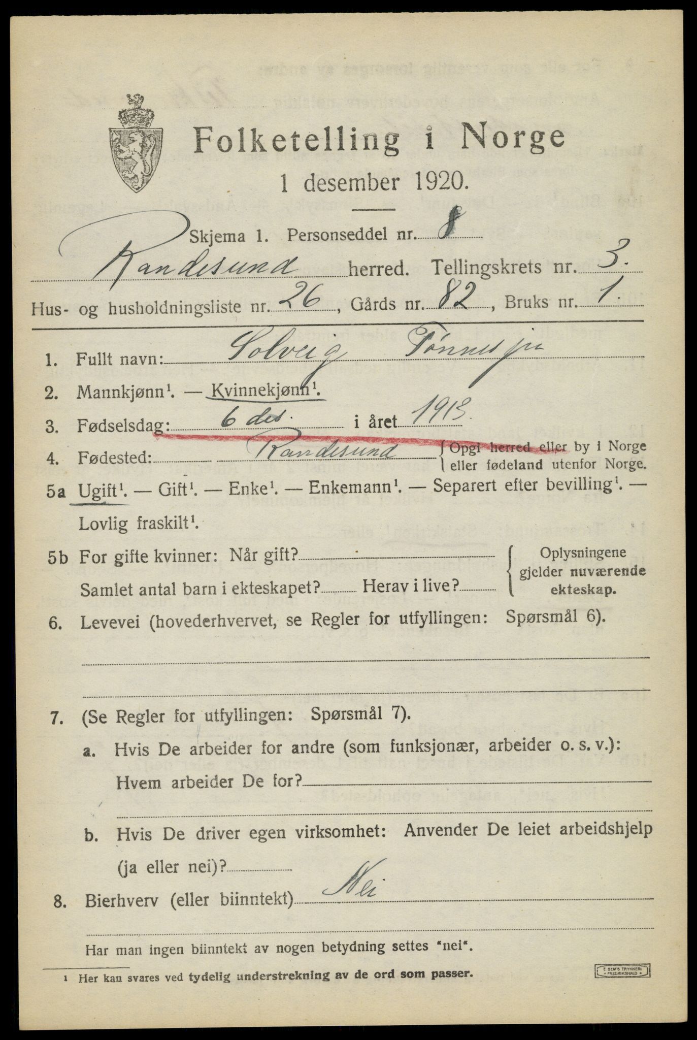 SAK, Folketelling 1920 for 1011 Randesund herred, 1920, s. 1754