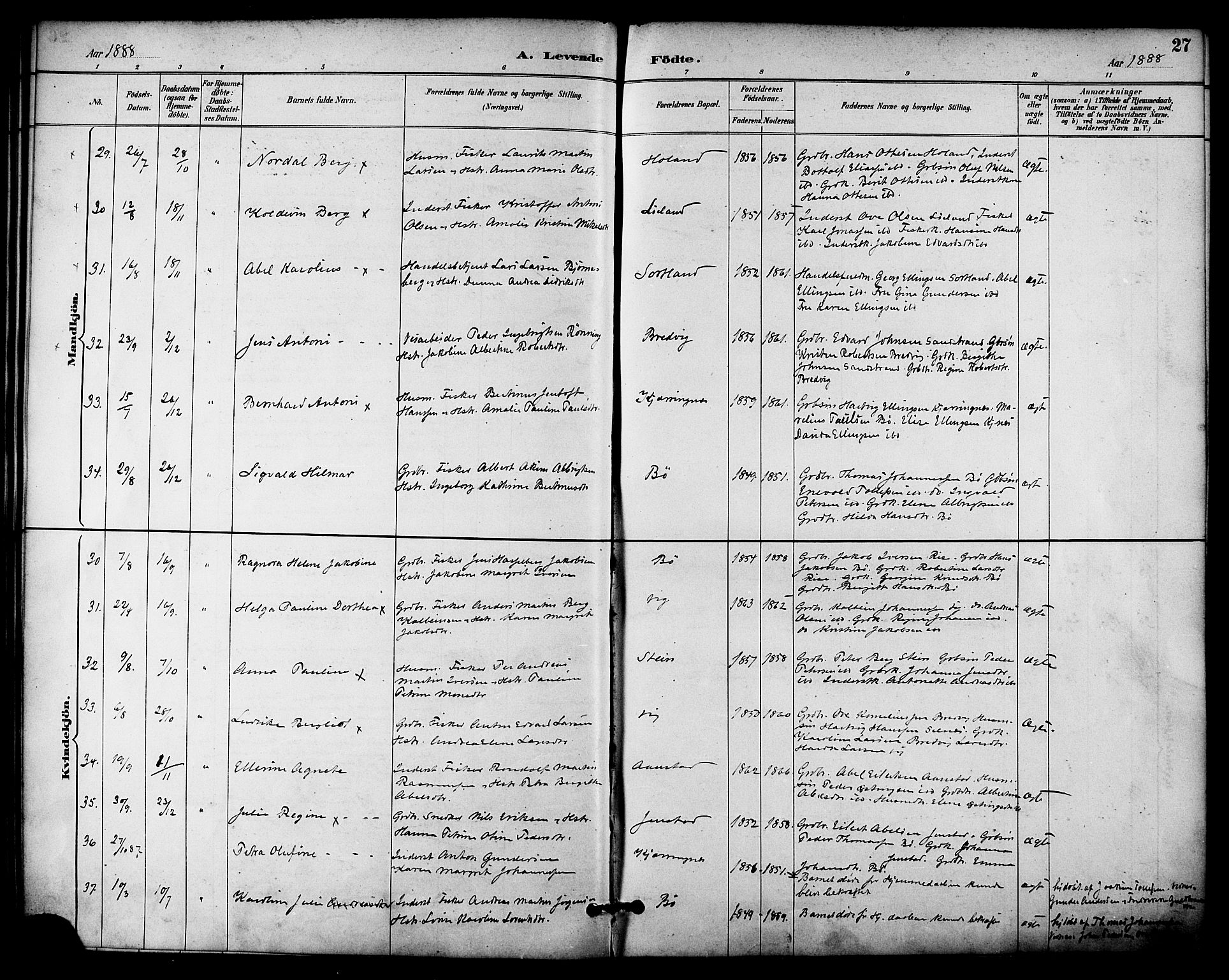 Ministerialprotokoller, klokkerbøker og fødselsregistre - Nordland, AV/SAT-A-1459/895/L1371: Ministerialbok nr. 895A06, 1885-1894, s. 27