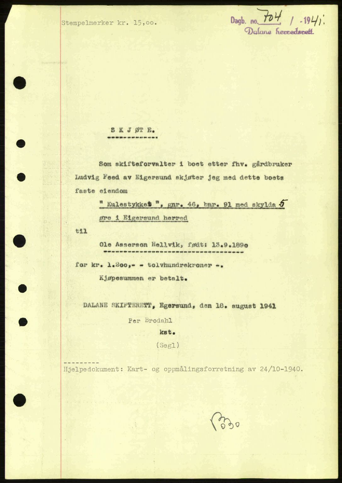 Dalane sorenskriveri, SAST/A-100309/02/G/Gb/L0045: Pantebok nr. A6, 1941-1942, Dagboknr: 704/1941