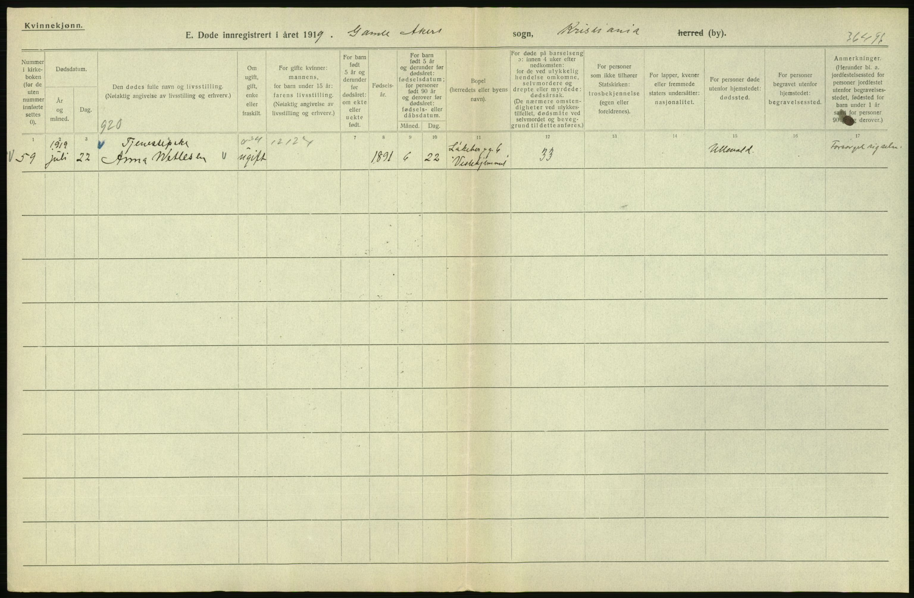 Statistisk sentralbyrå, Sosiodemografiske emner, Befolkning, AV/RA-S-2228/D/Df/Dfb/Dfbi/L0011: Kristiania: Døde, dødfødte, 1919