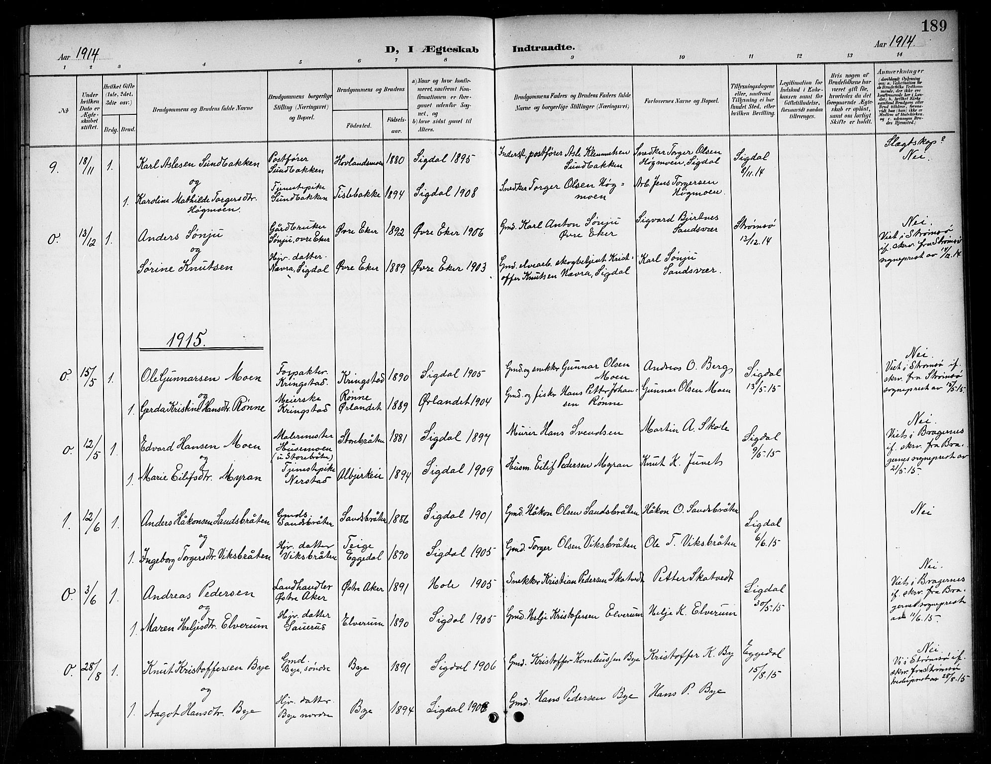 Sigdal kirkebøker, AV/SAKO-A-245/G/Ga/L0006: Klokkerbok nr. I 6, 1901-1916, s. 189