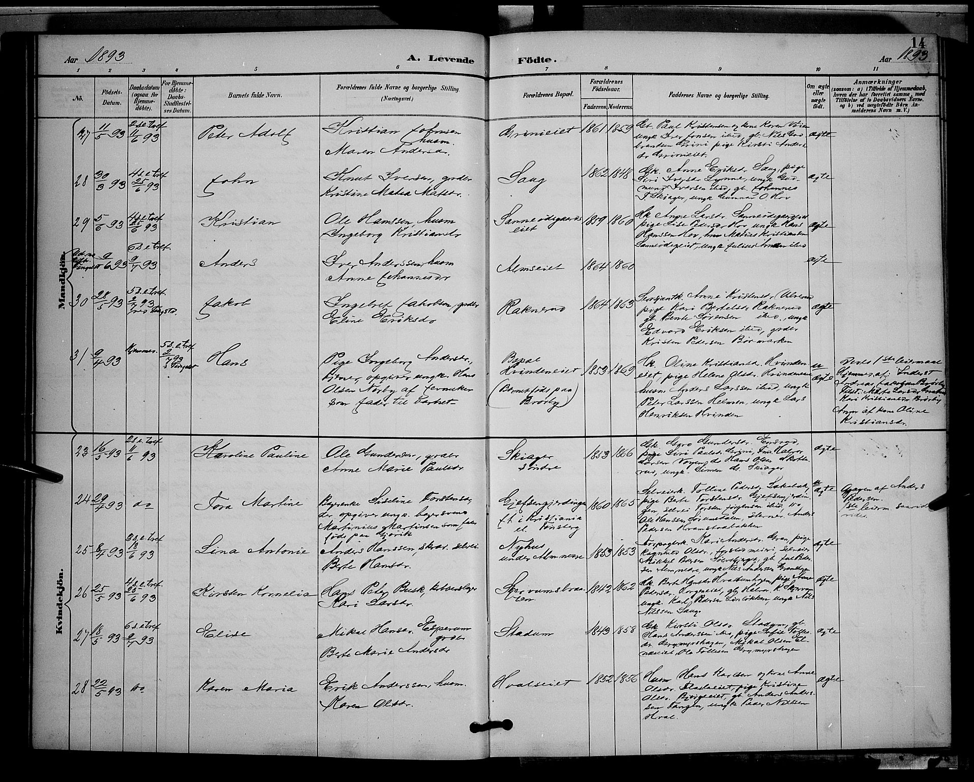 Gran prestekontor, AV/SAH-PREST-112/H/Ha/Hab/L0005: Klokkerbok nr. 5, 1892-1900, s. 14