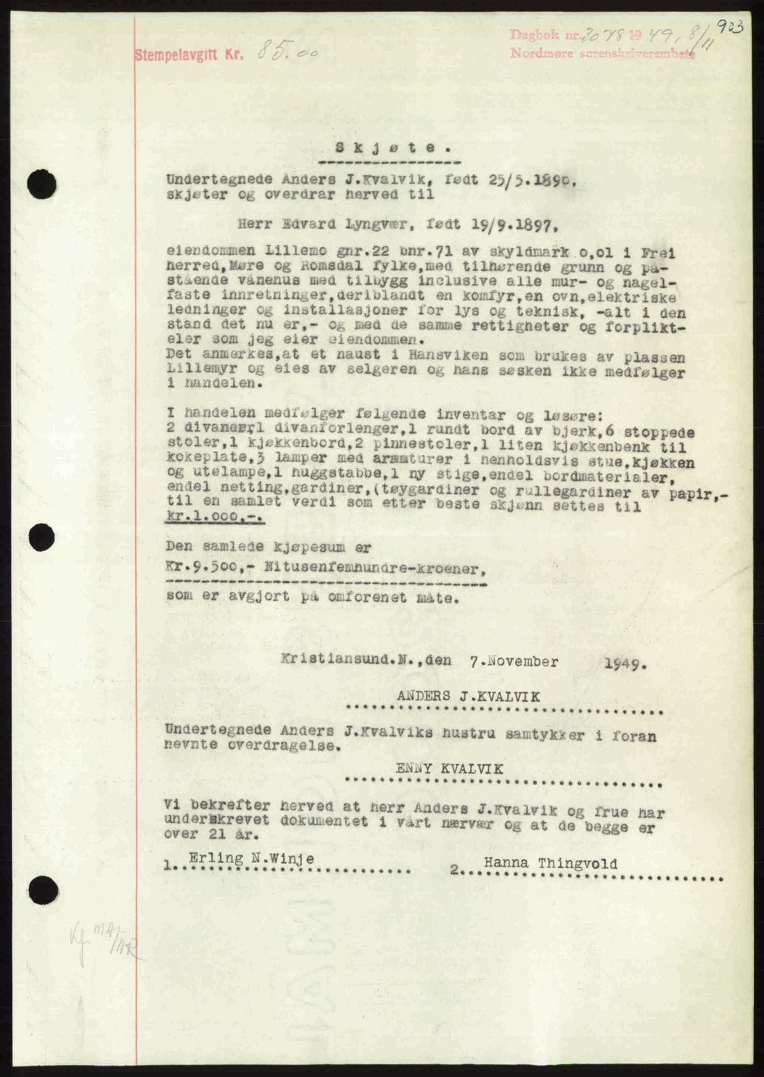 Nordmøre sorenskriveri, SAT/A-4132/1/2/2Ca: Pantebok nr. A112, 1949-1949, Dagboknr: 3078/1949