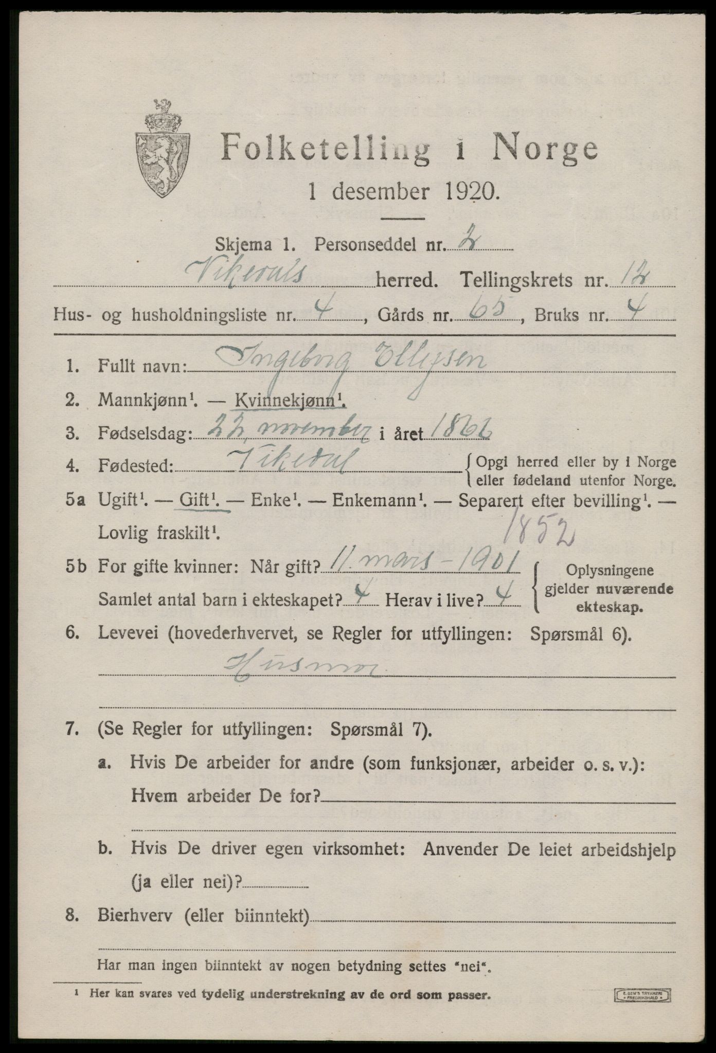 SAST, Folketelling 1920 for 1157 Vikedal herred, 1920, s. 3789