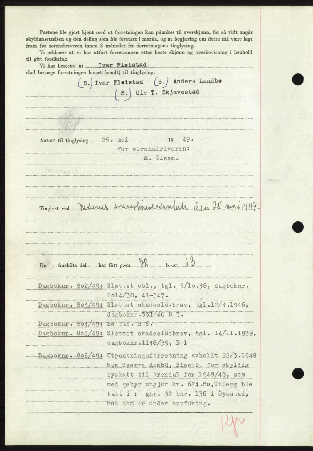 Nedenes sorenskriveri, AV/SAK-1221-0006/G/Gb/Gba/L0060: Pantebok nr. A12, 1948-1949, Dagboknr: 801/1949