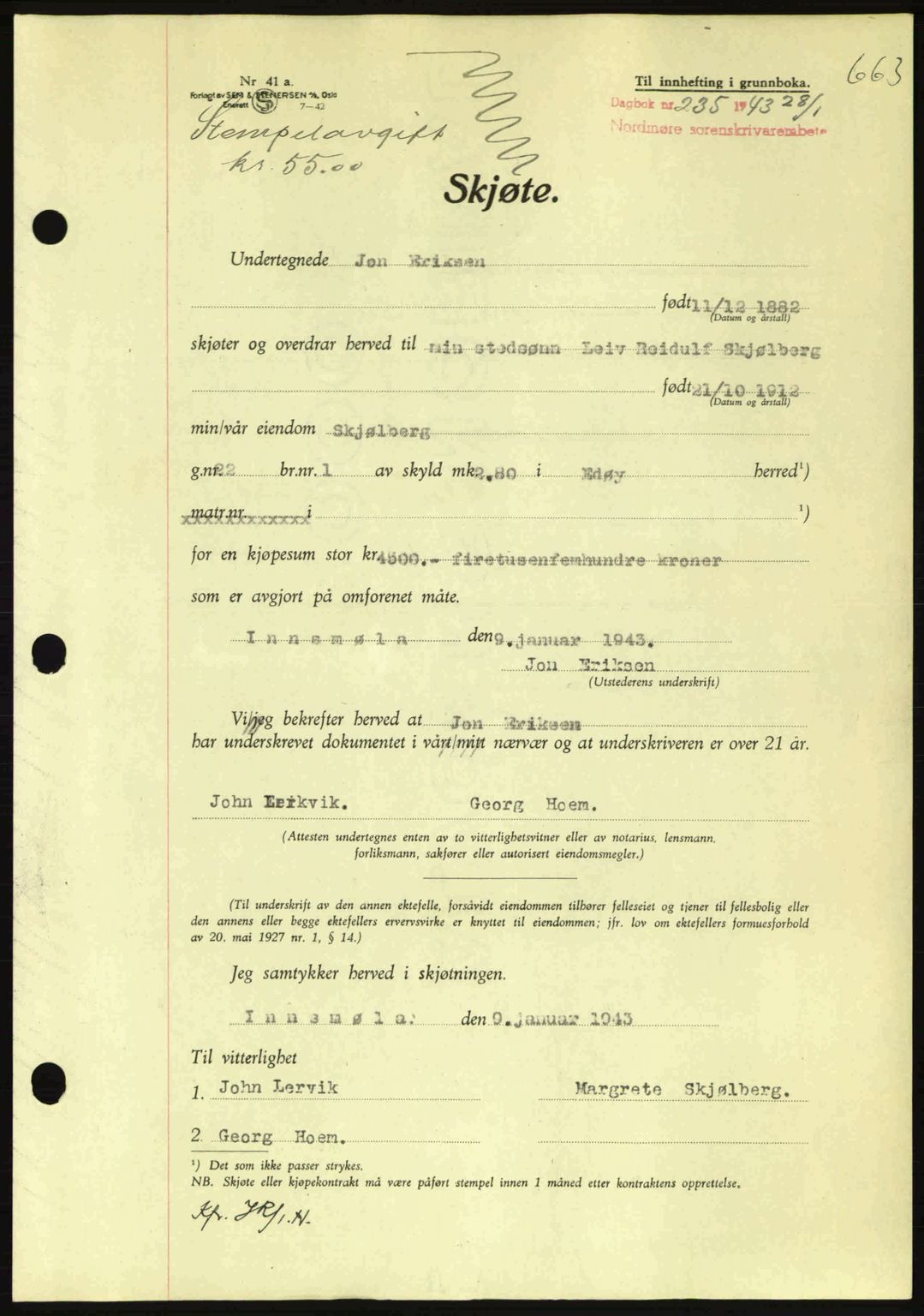 Nordmøre sorenskriveri, AV/SAT-A-4132/1/2/2Ca: Pantebok nr. A94, 1942-1943, Dagboknr: 235/1943