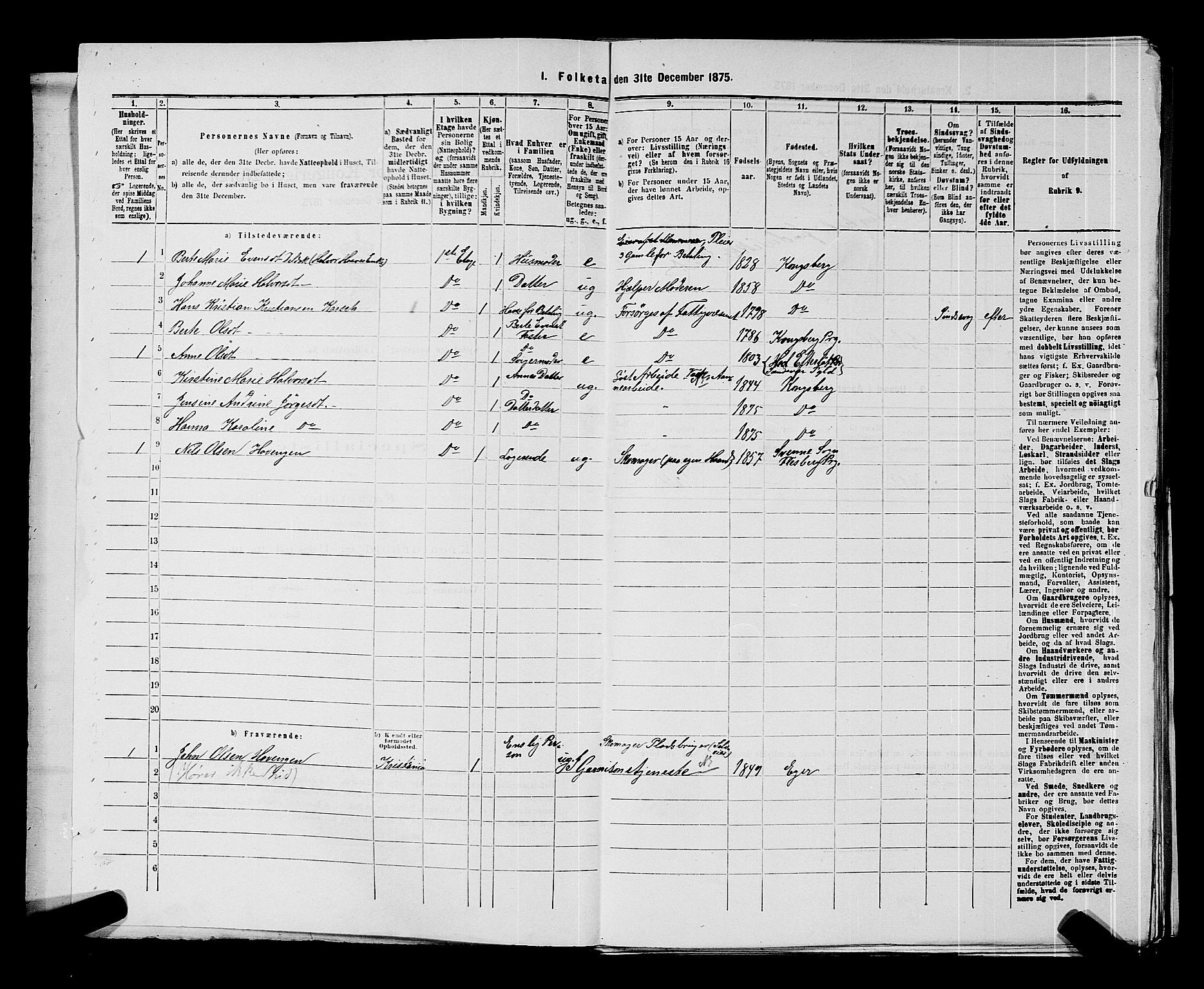 SAKO, Folketelling 1875 for 0604B Kongsberg prestegjeld, Kongsberg kjøpstad, 1875, s. 1416