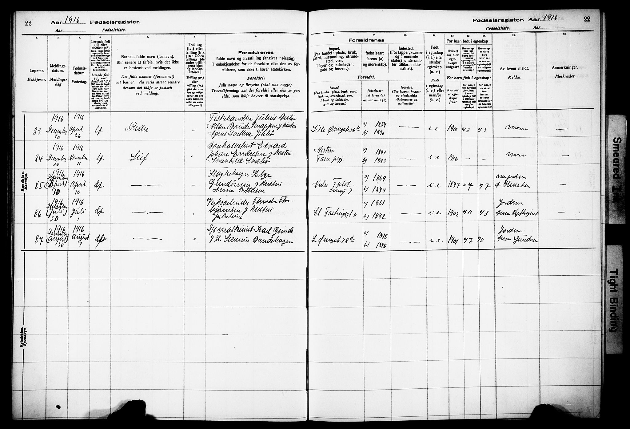Korskirken sokneprestembete, SAB/A-76101/I/Id/L00A1: Fødselsregister nr. A 1, 1916-1929, s. 22