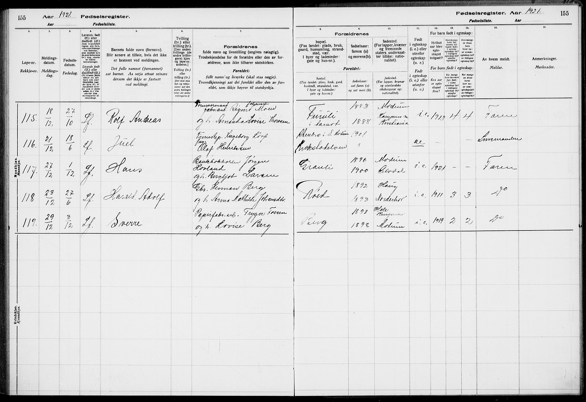 Modum kirkebøker, AV/SAKO-A-234/J/Ja/L0001: Fødselsregister nr. I 1, 1916-1923, s. 155