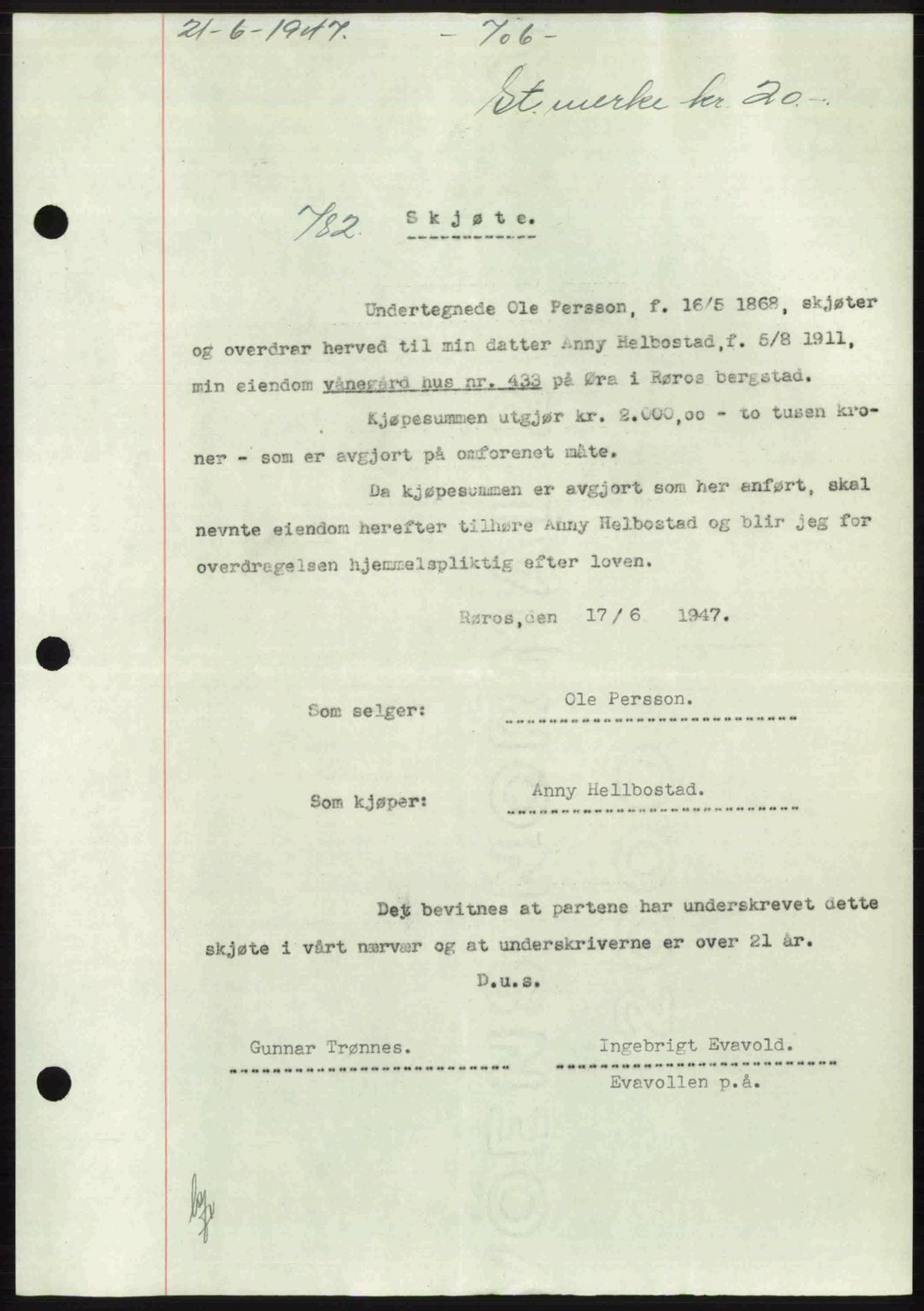 Gauldal sorenskriveri, SAT/A-0014/1/2/2C: Pantebok nr. A3, 1947-1947, Dagboknr: 782/1947