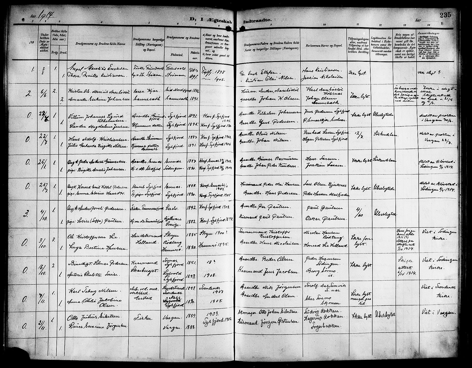 Ministerialprotokoller, klokkerbøker og fødselsregistre - Nordland, AV/SAT-A-1459/861/L0877: Klokkerbok nr. 861C03, 1903-1919, s. 235