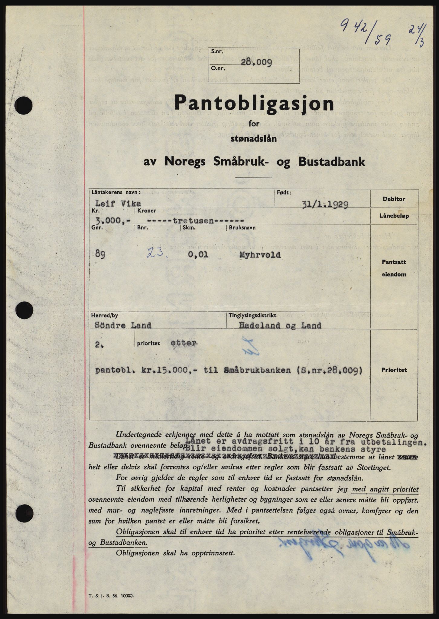 Hadeland og Land tingrett, SAH/TING-010/H/Hb/Hbc/L0040: Pantebok nr. B40, 1959-1959, Dagboknr: 942/1959