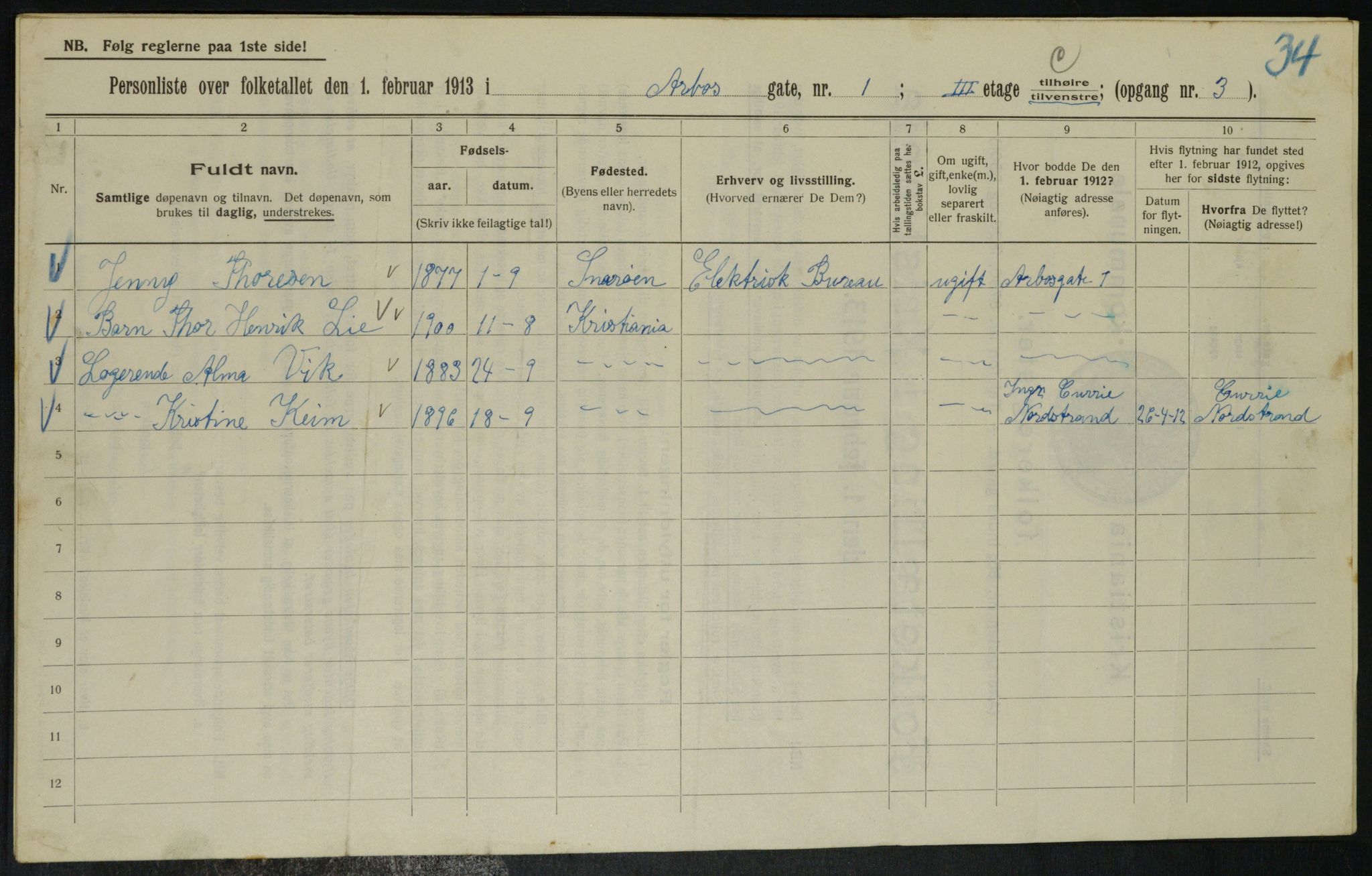 OBA, Kommunal folketelling 1.2.1913 for Kristiania, 1913, s. 1625