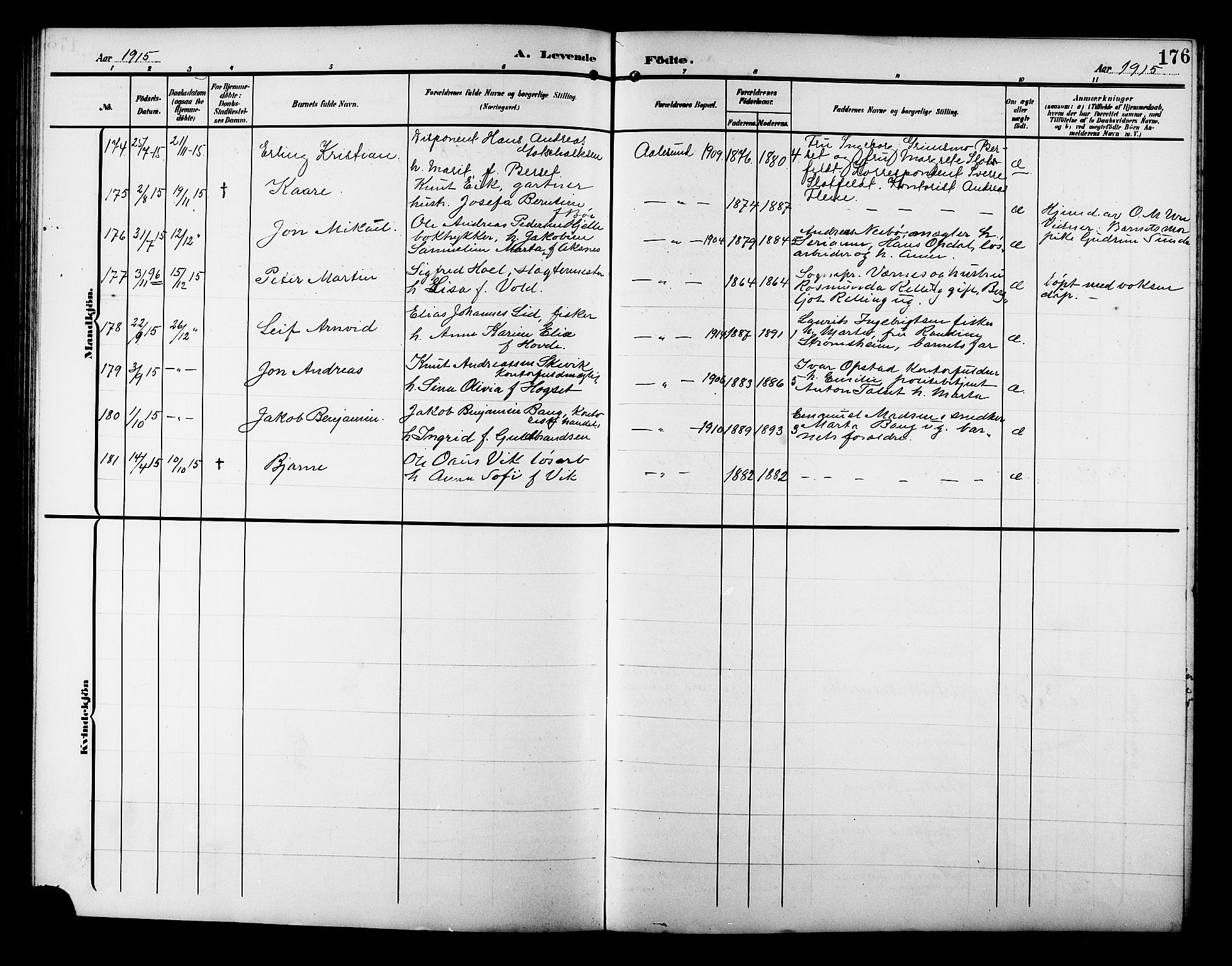 Ministerialprotokoller, klokkerbøker og fødselsregistre - Møre og Romsdal, AV/SAT-A-1454/529/L0471: Klokkerbok nr. 529C08, 1909-1921, s. 176