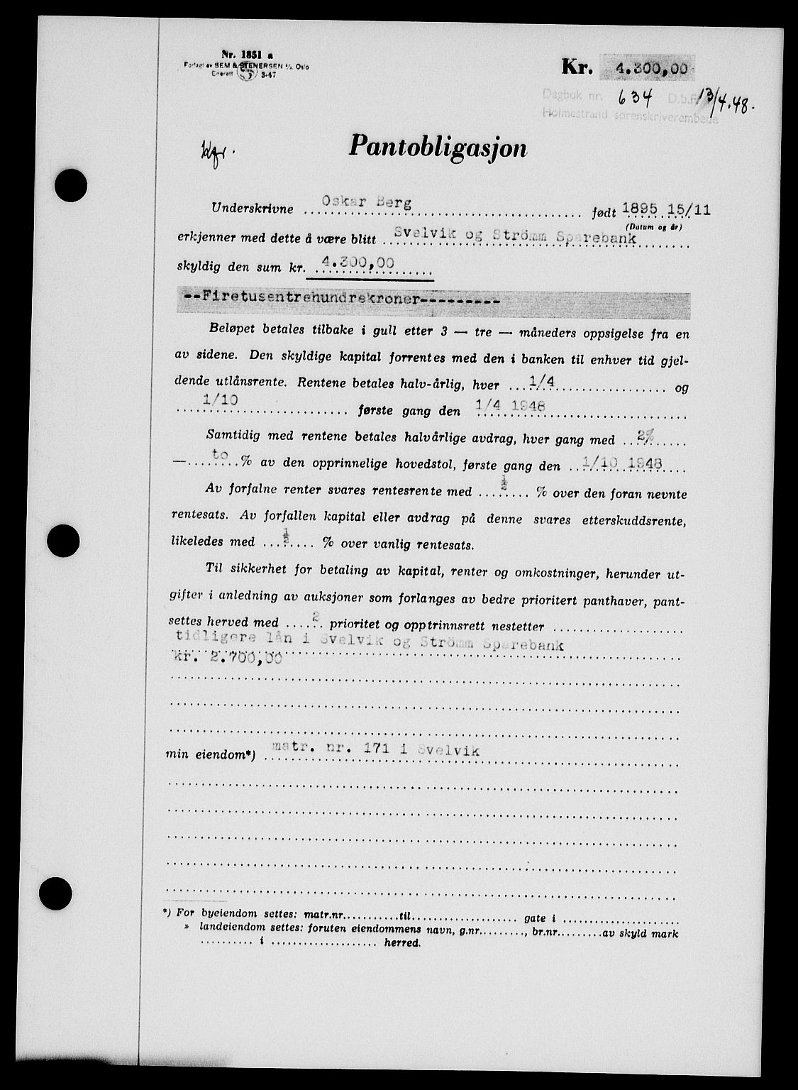 Holmestrand sorenskriveri, SAKO/A-67/G/Ga/Gab/L0058: Pantebok nr. B-58, 1947-1948, Dagboknr: 634/1948