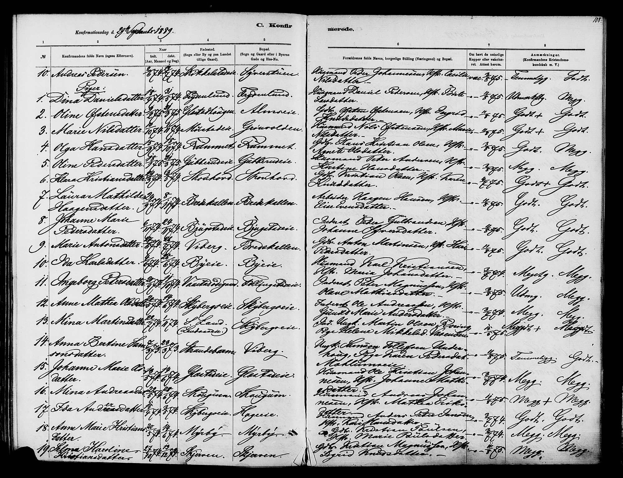 Vardal prestekontor, AV/SAH-PREST-100/H/Ha/Haa/L0010: Ministerialbok nr. 10, 1878-1893, s. 108
