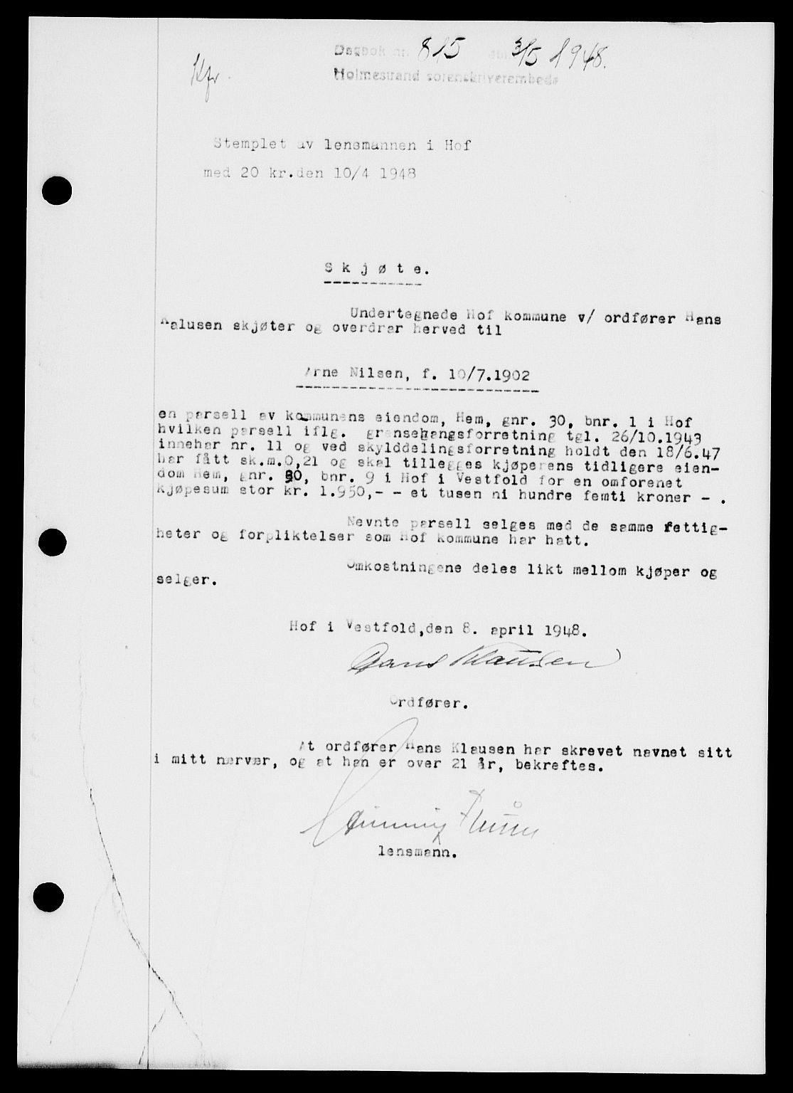 Holmestrand sorenskriveri, SAKO/A-67/G/Ga/Gaa/L0064: Pantebok nr. A-64, 1948-1948, Dagboknr: 815/1948