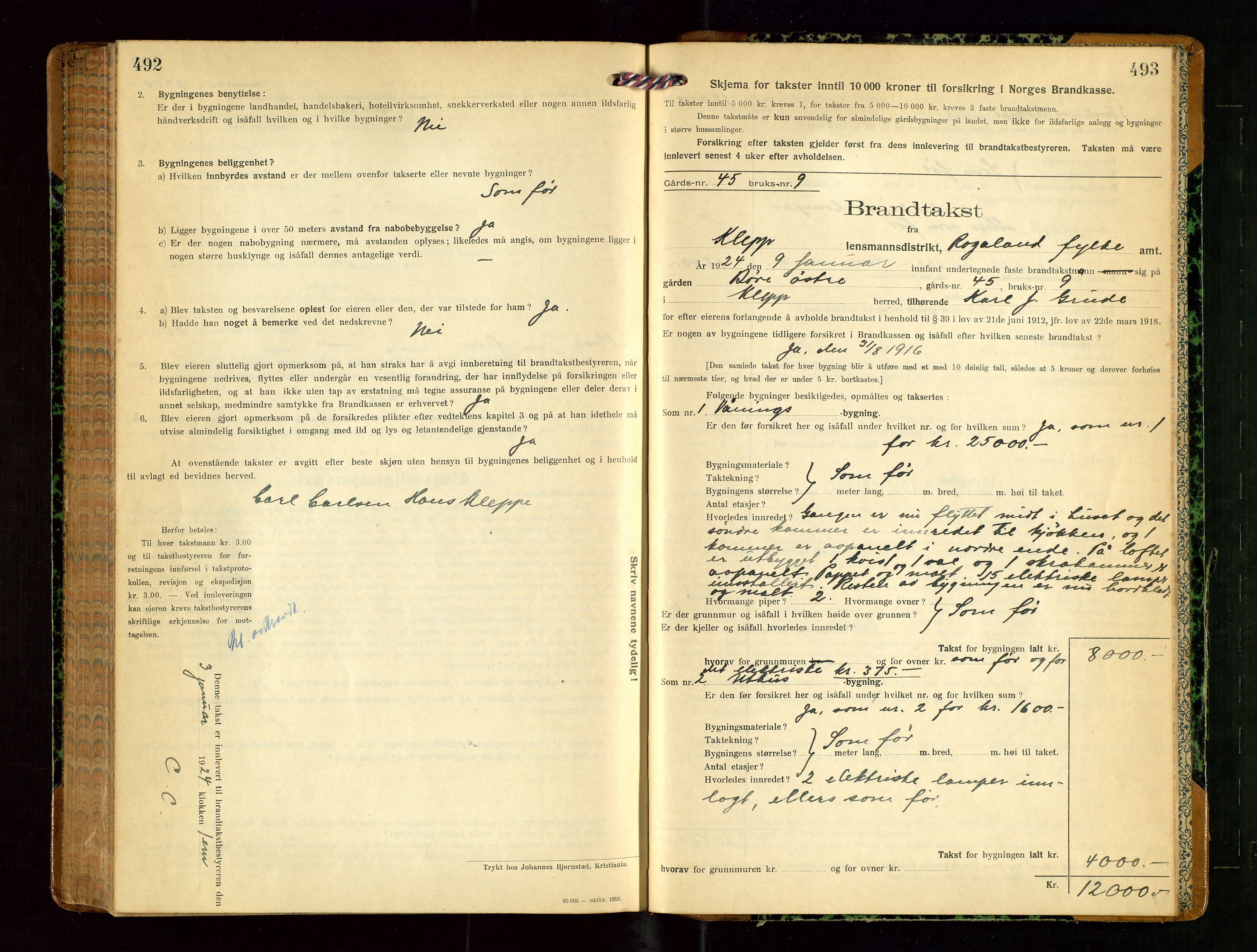 Klepp lensmannskontor, AV/SAST-A-100163/Goc/L0010: "Brandtakstprotokoll" m/register, 1919-1924, s. 492-493