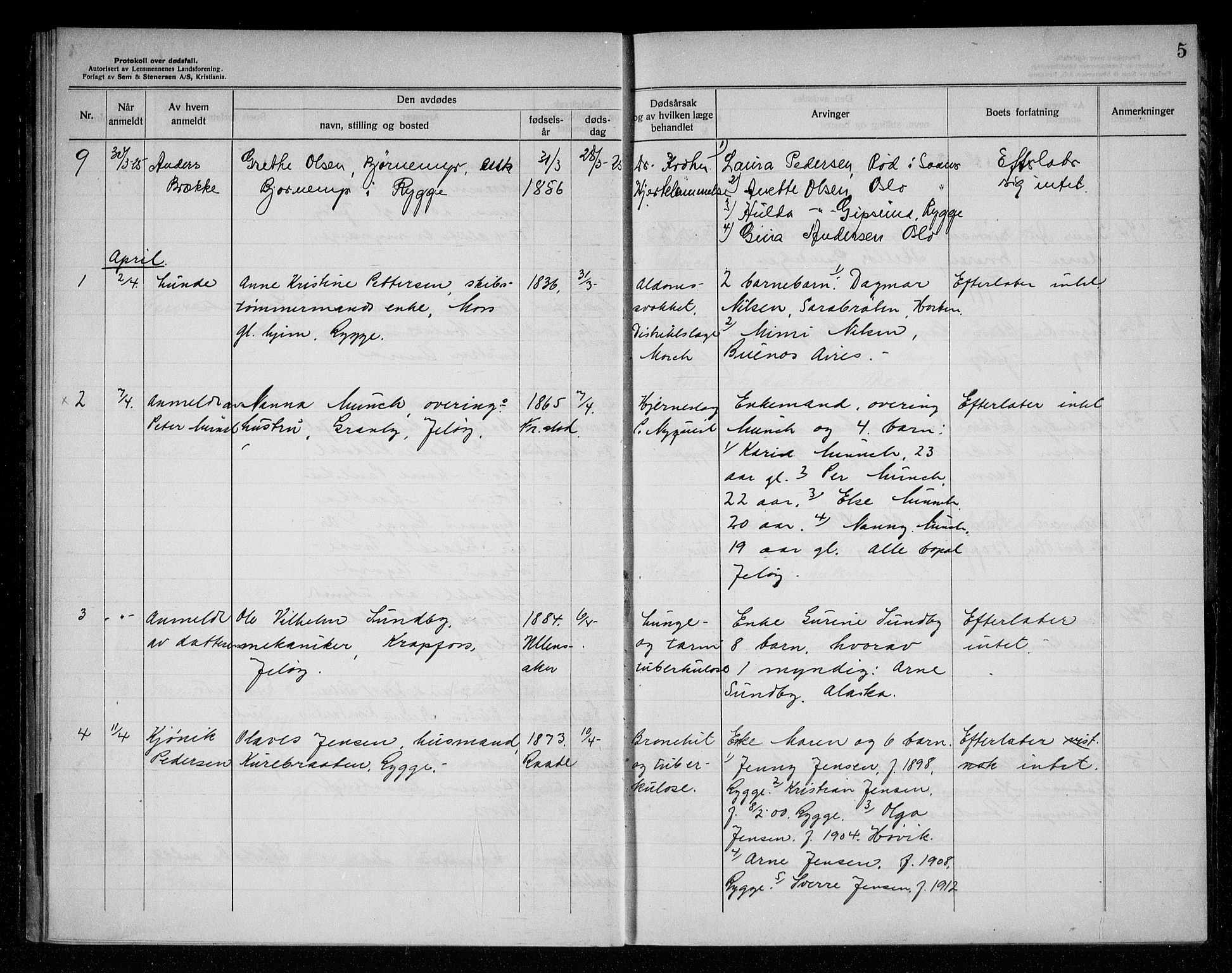 Rygge lensmannskontor, AV/SAO-A-10005/H/Ha/Haa/L0008: Dødsfallsprotokoll, 1925-1929, s. 5