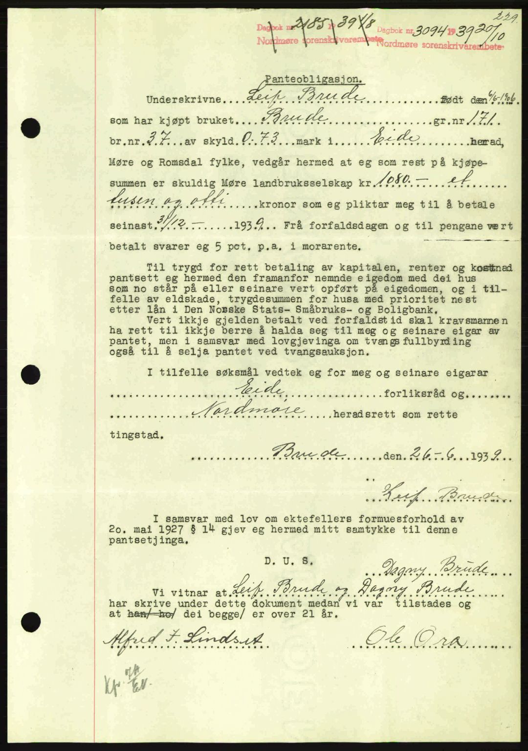 Nordmøre sorenskriveri, AV/SAT-A-4132/1/2/2Ca: Pantebok nr. B86, 1939-1940, Dagboknr: 3094/1939