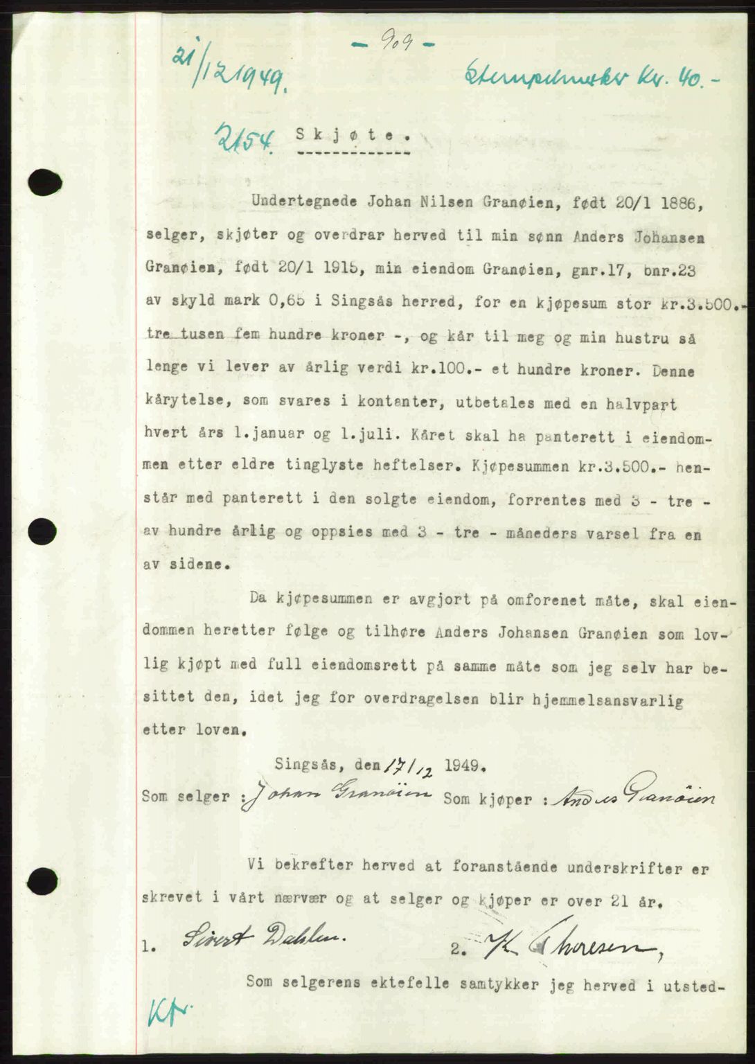 Gauldal sorenskriveri, SAT/A-0014/1/2/2C: Pantebok nr. A9, 1949-1950, Dagboknr: 2154/1949