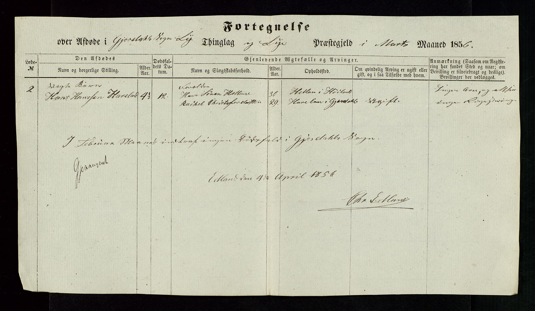 Jæren og Dalane sorenskriveri, AV/SAST-A-100306/5/52AC/L0002: DØDSFALL-LISTER JÆREN, 1856-1858, s. 5