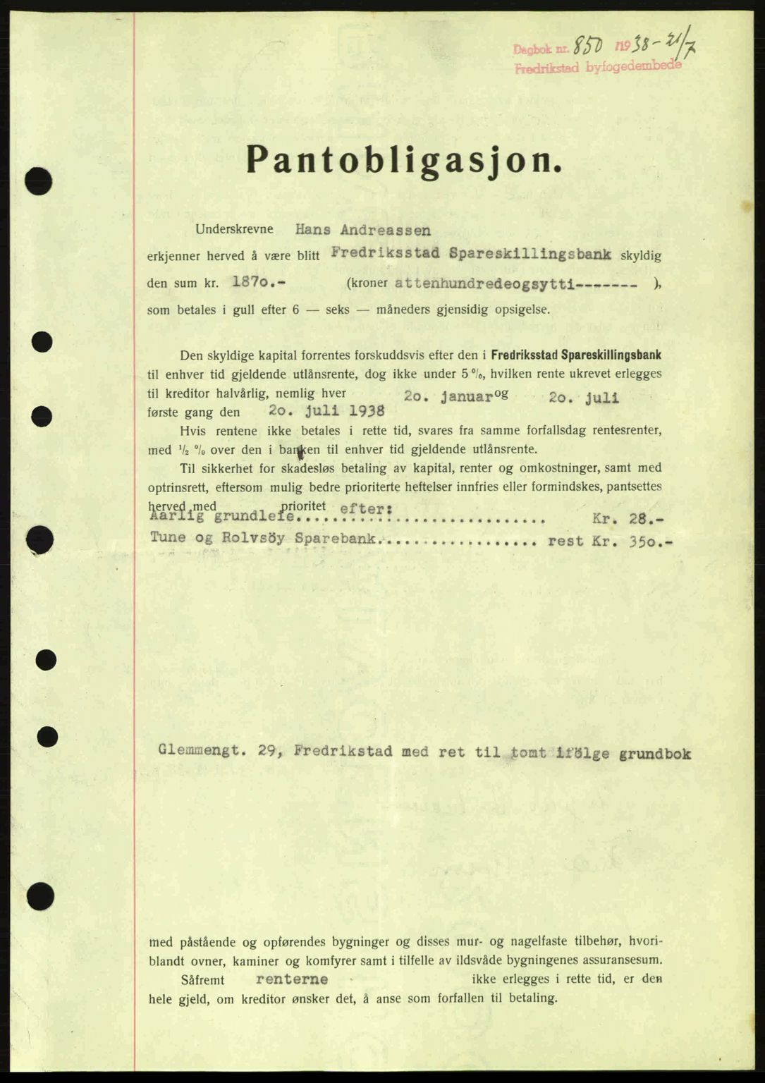 Fredrikstad byfogd, SAO/A-10473a/G/Ga/Gad/L0002: Pantebok nr. B2, 1938-1939, Dagboknr: 850/1938