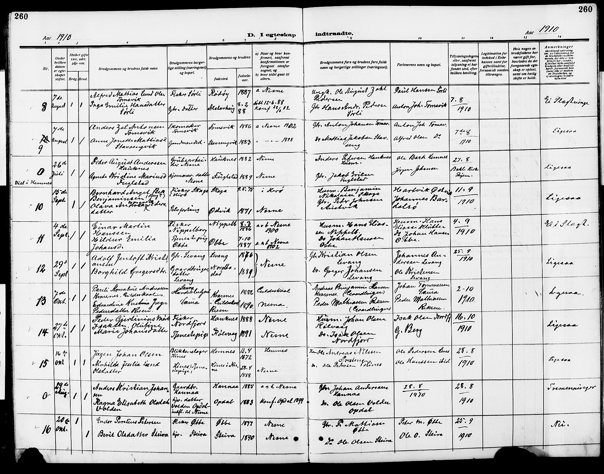 Ministerialprotokoller, klokkerbøker og fødselsregistre - Nordland, AV/SAT-A-1459/838/L0560: Klokkerbok nr. 838C07, 1910-1928, s. 260