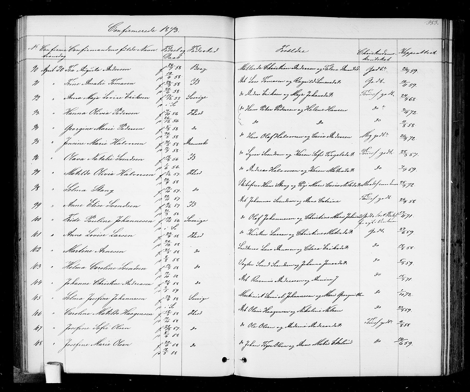 Halden prestekontor Kirkebøker, AV/SAO-A-10909/G/Ga/L0006: Klokkerbok nr. 6, 1869-1884, s. 383