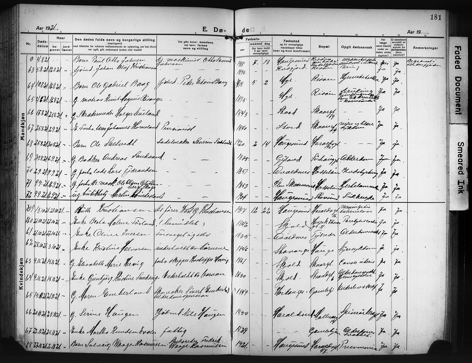 Haugesund sokneprestkontor, AV/SAST-A -101863/H/Ha/Hab/L0010: Klokkerbok nr. B 10, 1920-1931, s. 181