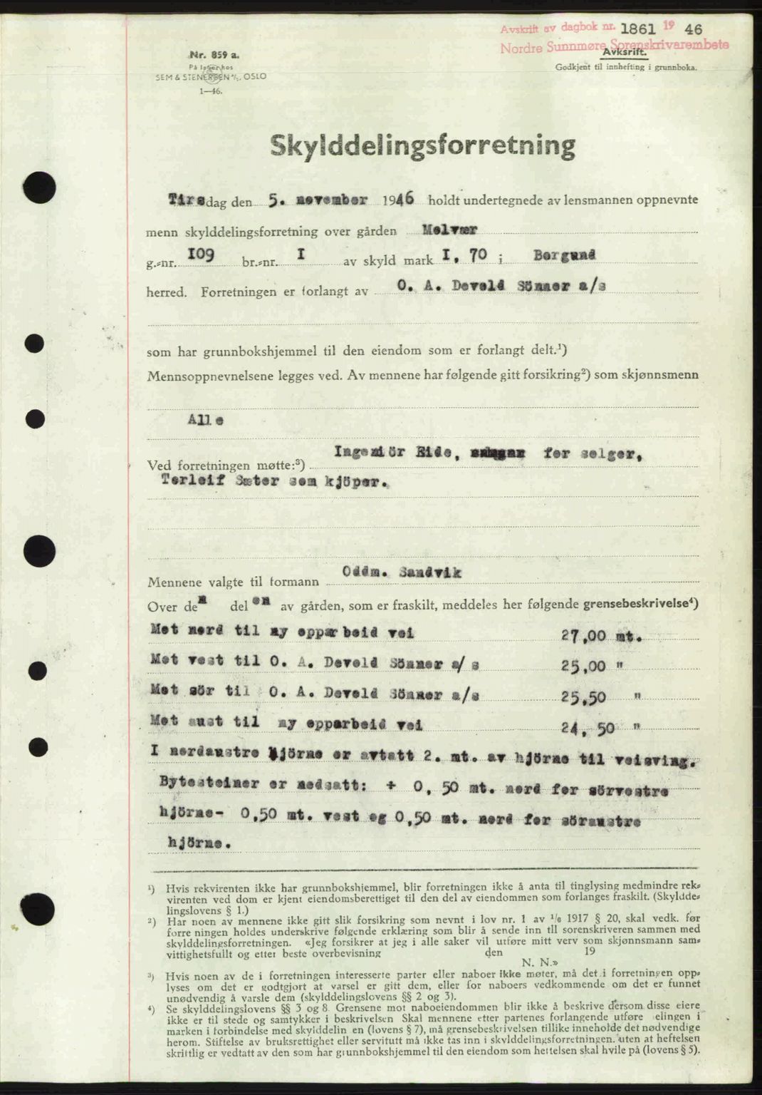 Nordre Sunnmøre sorenskriveri, SAT/A-0006/1/2/2C/2Ca: Pantebok nr. A22, 1946-1946, Dagboknr: 1861/1946