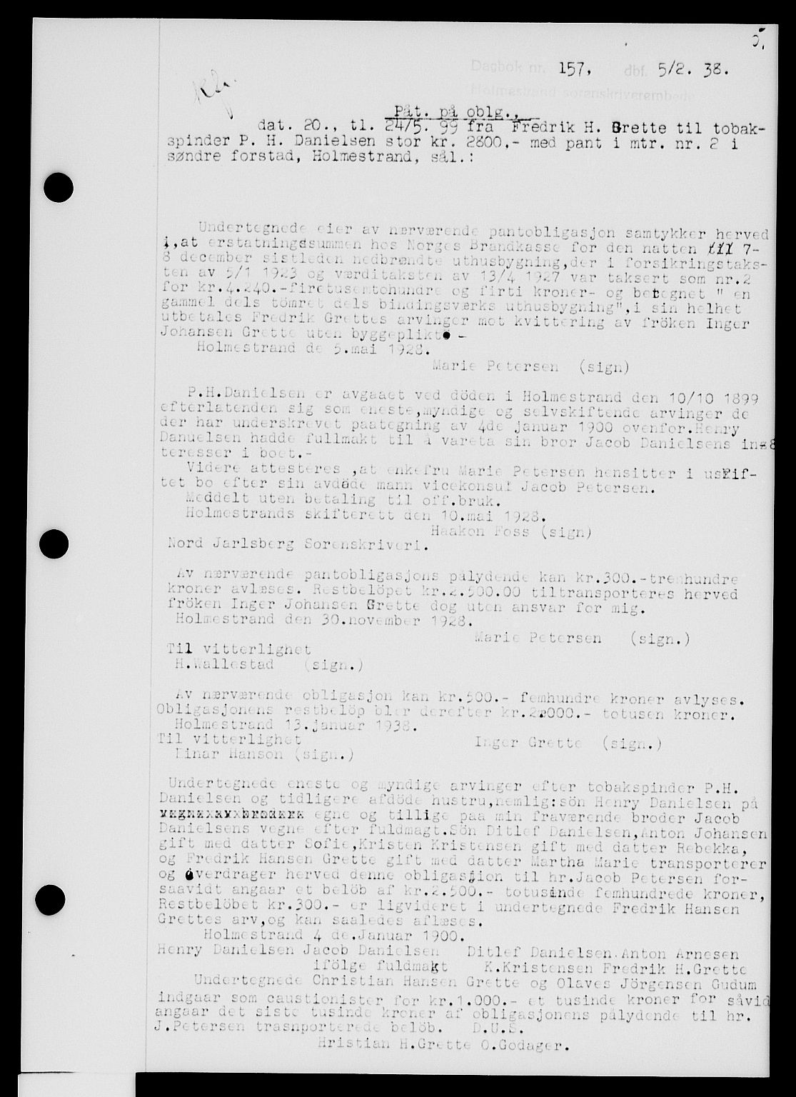 Holmestrand sorenskriveri, SAKO/A-67/G/Ga/Gab/L0049: Pantebok nr. B-49, 1938-1938, s. 5