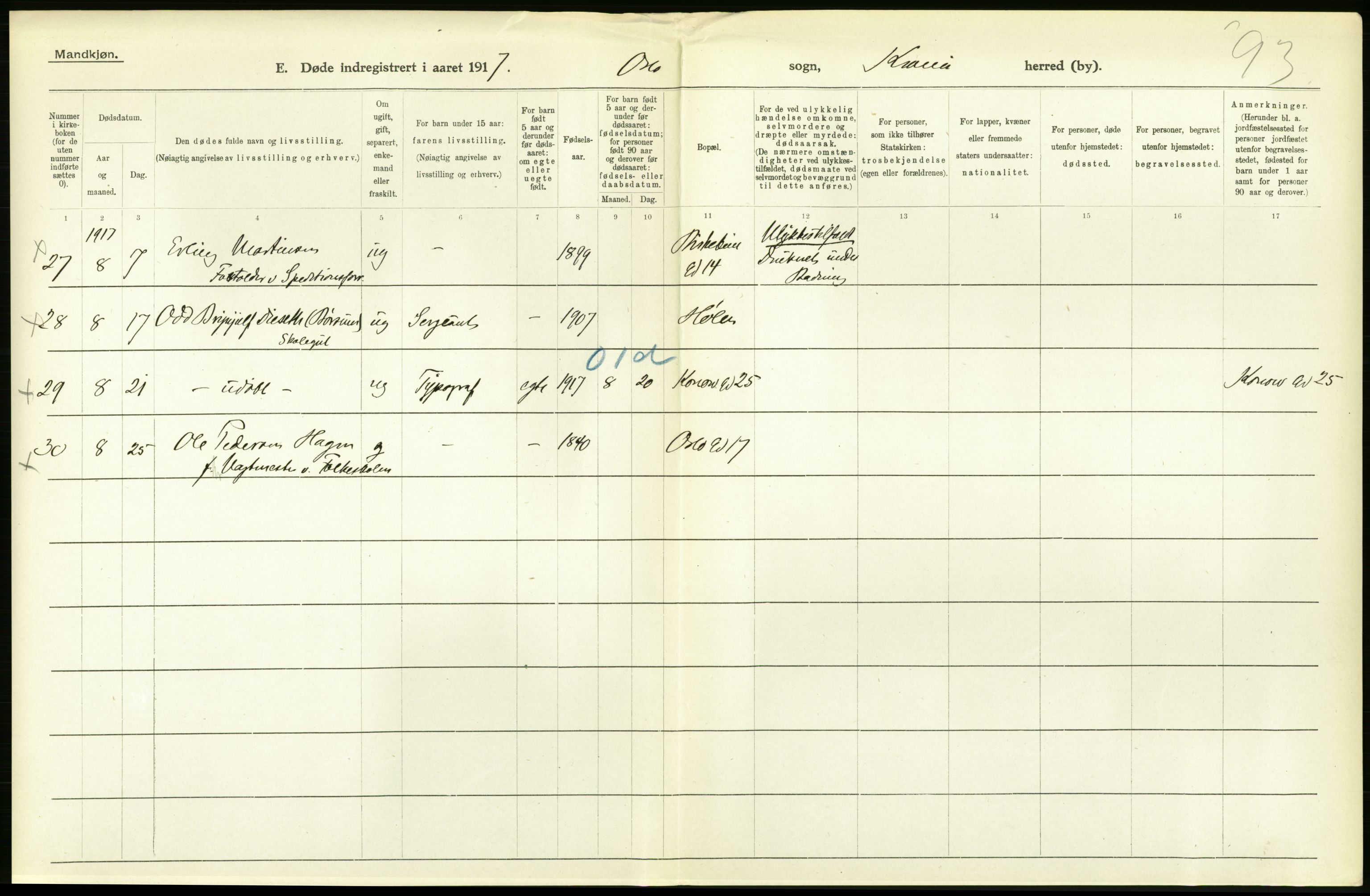 Statistisk sentralbyrå, Sosiodemografiske emner, Befolkning, AV/RA-S-2228/D/Df/Dfb/Dfbg/L0011: Kristiania: Døde, dødfødte., 1917, s. 142