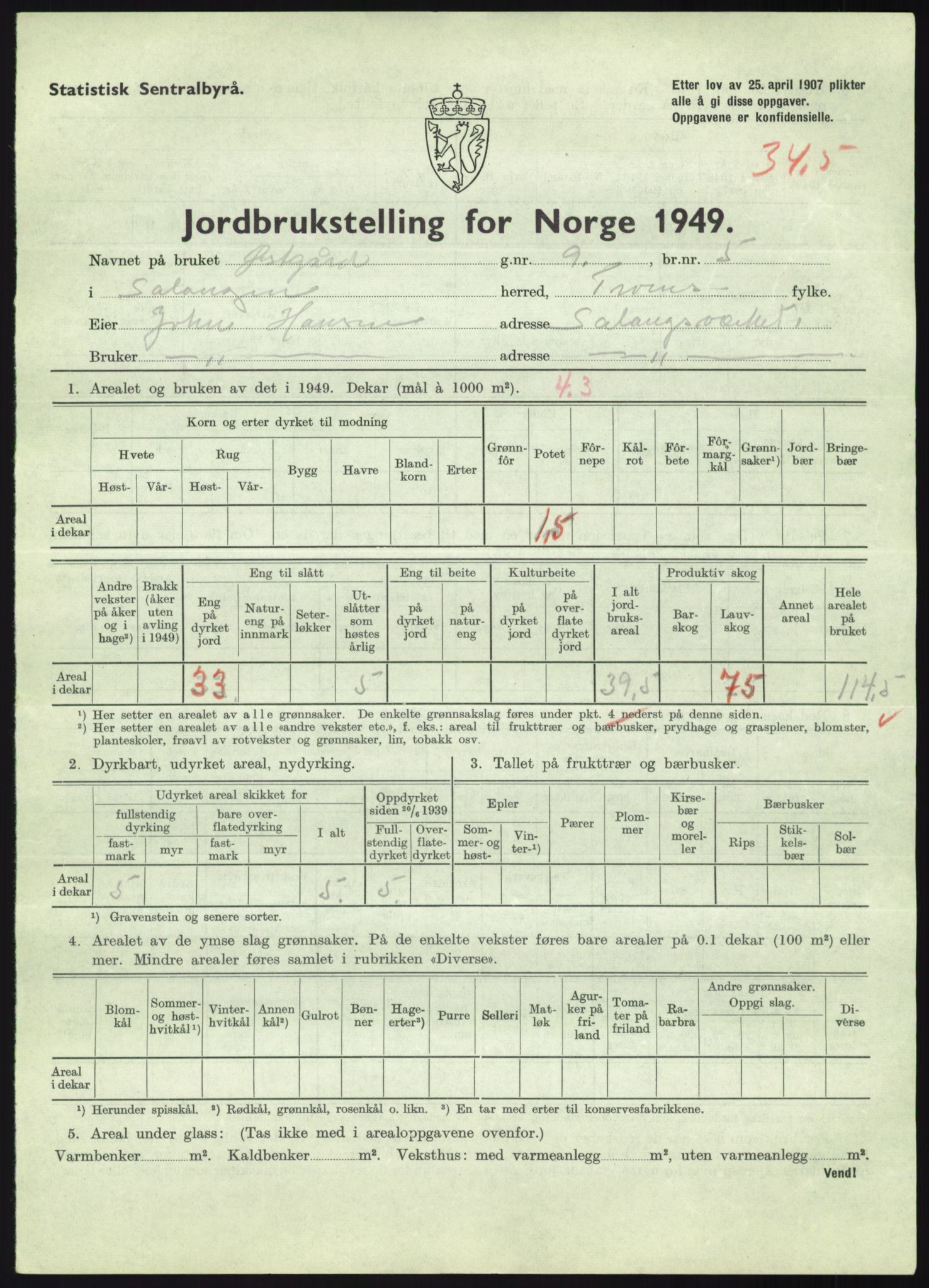 Statistisk sentralbyrå, Næringsøkonomiske emner, Jordbruk, skogbruk, jakt, fiske og fangst, AV/RA-S-2234/G/Gc/L0438: Troms: Salangen og Bardu, 1949, s. 765