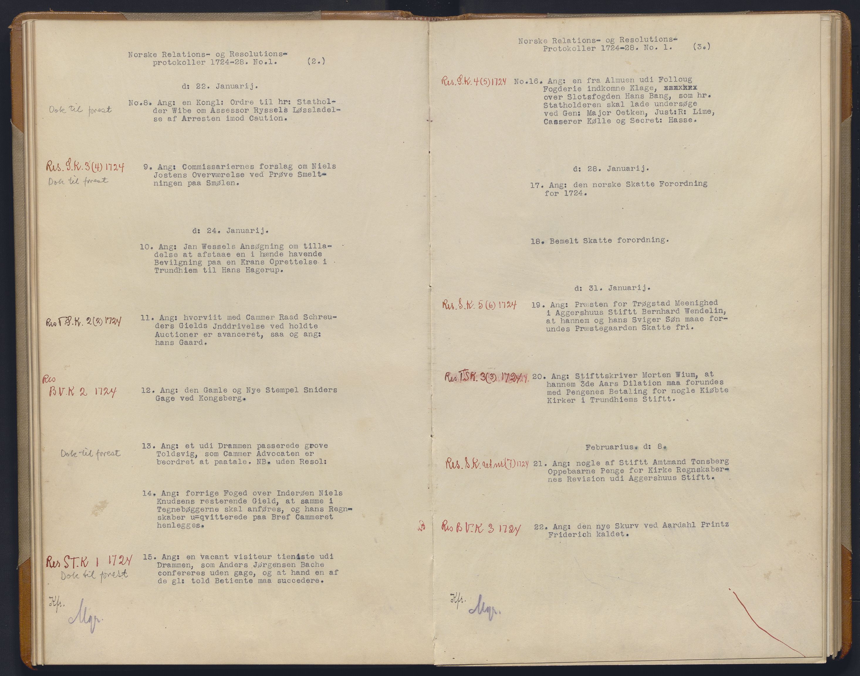 Avskriftsamlingen, AV/RA-EA-4022/F/Fb/L0115: Registratur over norske Relasjons- og resolusjonsprotkoller, 1724-1728, s. 21