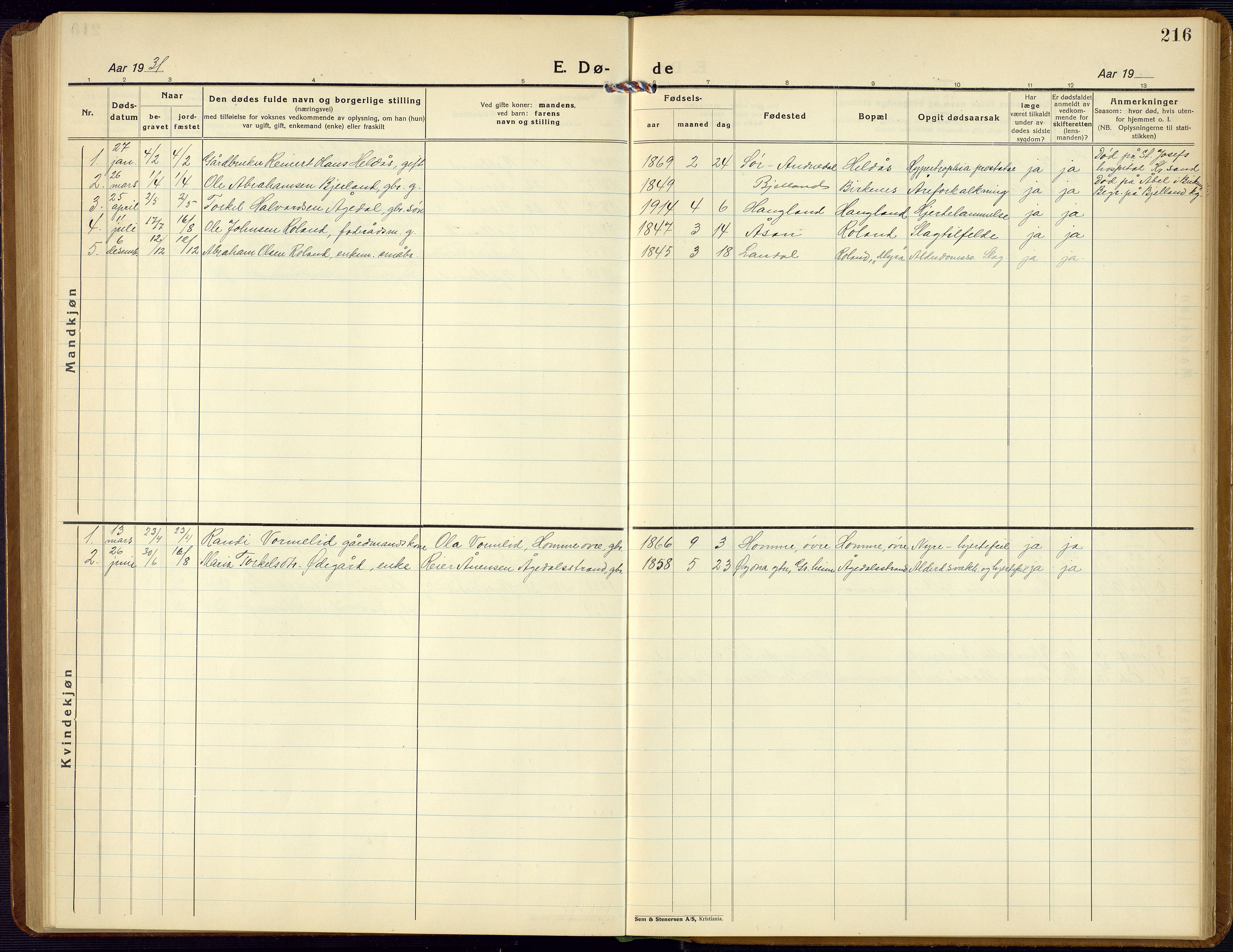 Bjelland sokneprestkontor, AV/SAK-1111-0005/F/Fb/Fba/L0006: Klokkerbok nr. B 6, 1923-1956, s. 216