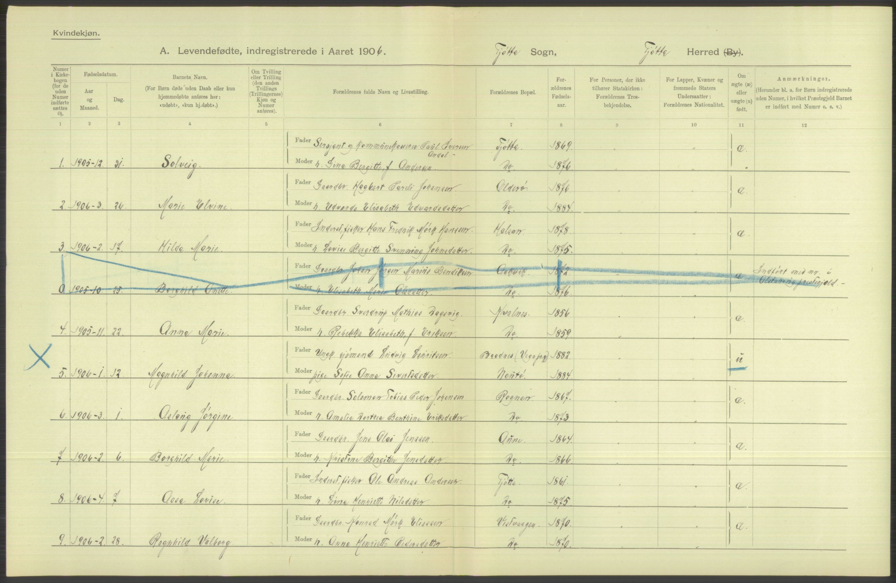 Statistisk sentralbyrå, Sosiodemografiske emner, Befolkning, AV/RA-S-2228/D/Df/Dfa/Dfad/L0043: Nordlands amt: Levendefødte menn og kvinner. Bygder., 1906, s. 26